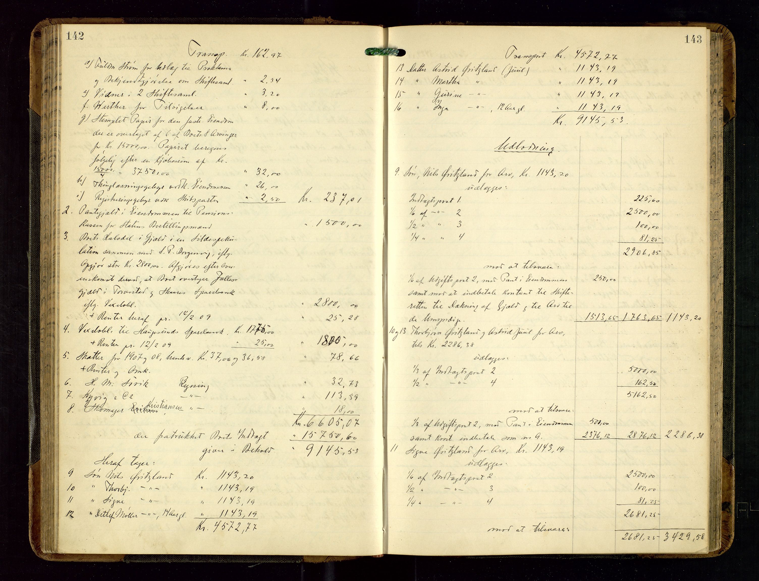 Haugesund tingrett, AV/SAST-A-101415/01/IV/IVD/L0002: Skifteutlodningsprotokoll, med register, 1904-1915, p. 142-143