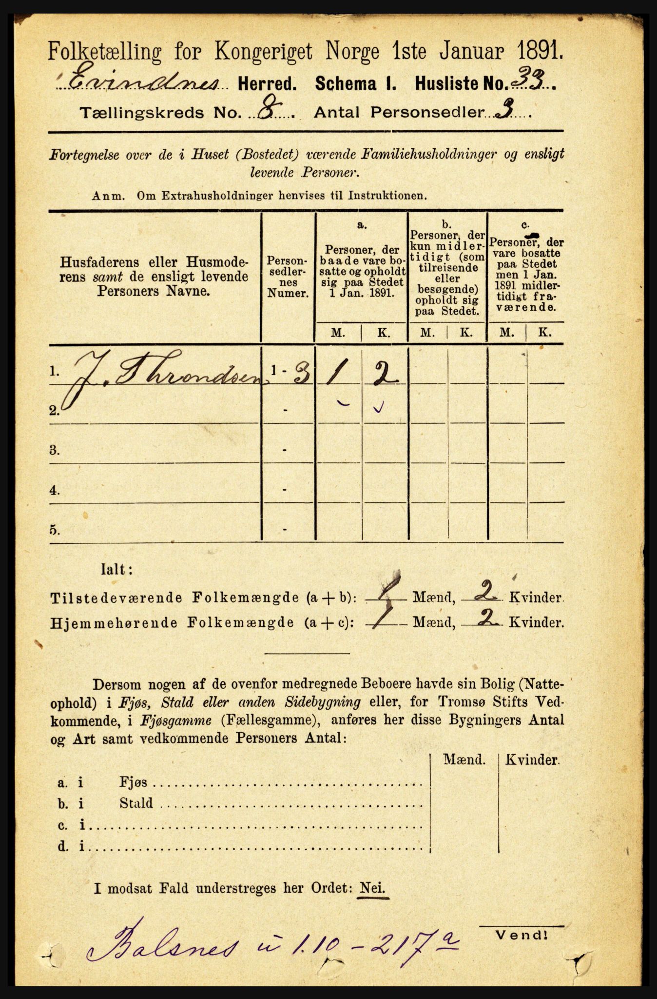 RA, 1891 census for 1853 Evenes, 1891, p. 2506