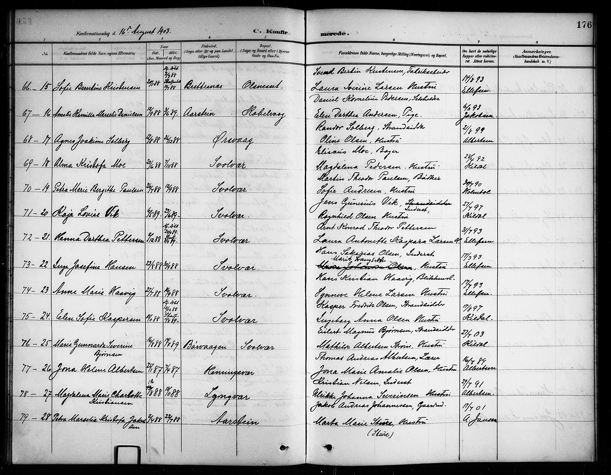 Ministerialprotokoller, klokkerbøker og fødselsregistre - Nordland, AV/SAT-A-1459/874/L1078: Parish register (copy) no. 874C07, 1900-1907, p. 176