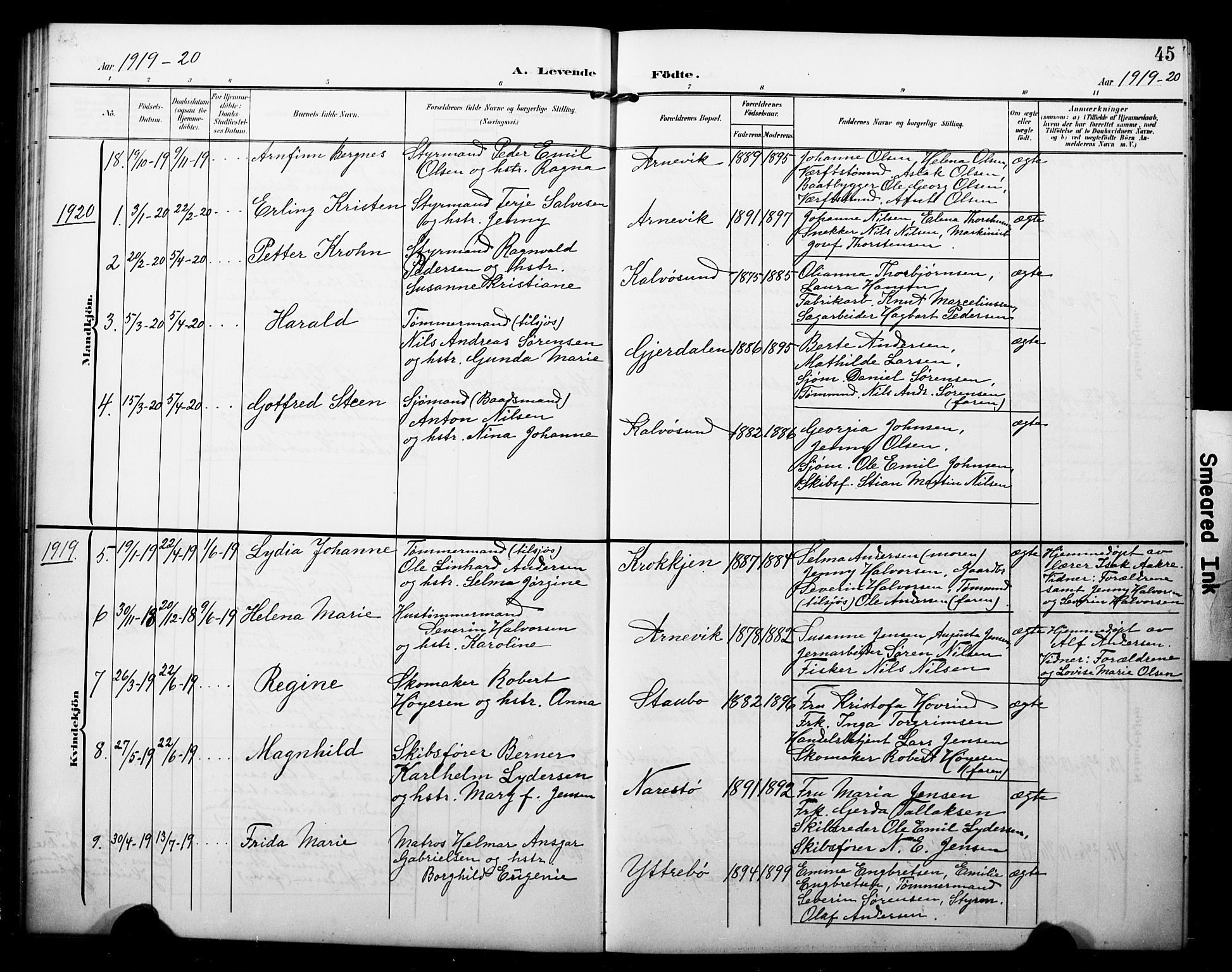 Dypvåg sokneprestkontor, SAK/1111-0007/F/Fb/Fbb/L0005: Parish register (copy) no. B 5, 1905-1924, p. 45
