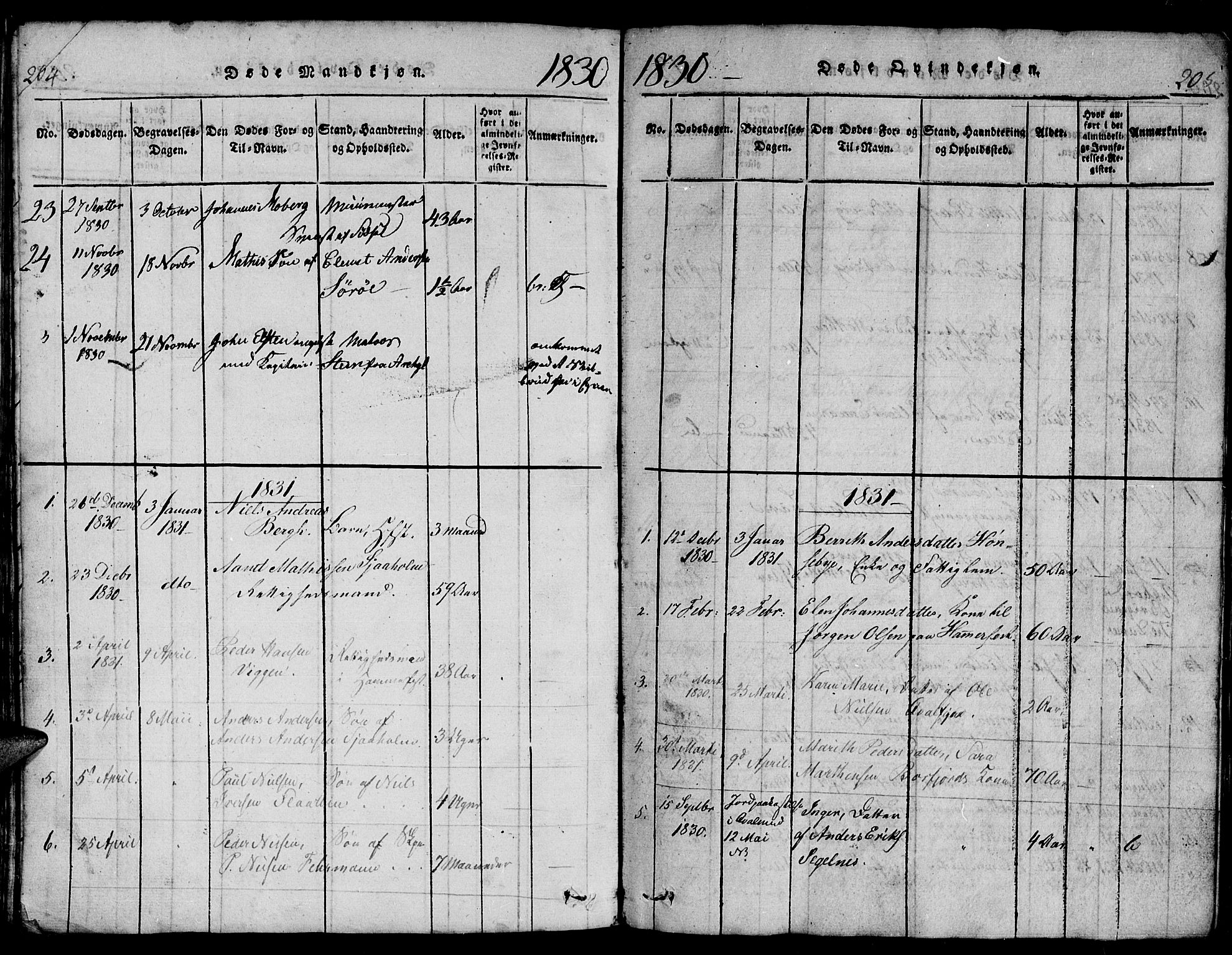 Hammerfest sokneprestkontor, SATØ/S-1347/H/Hb/L0001.klokk: Parish register (copy) no. 1, 1822-1850, p. 204-205