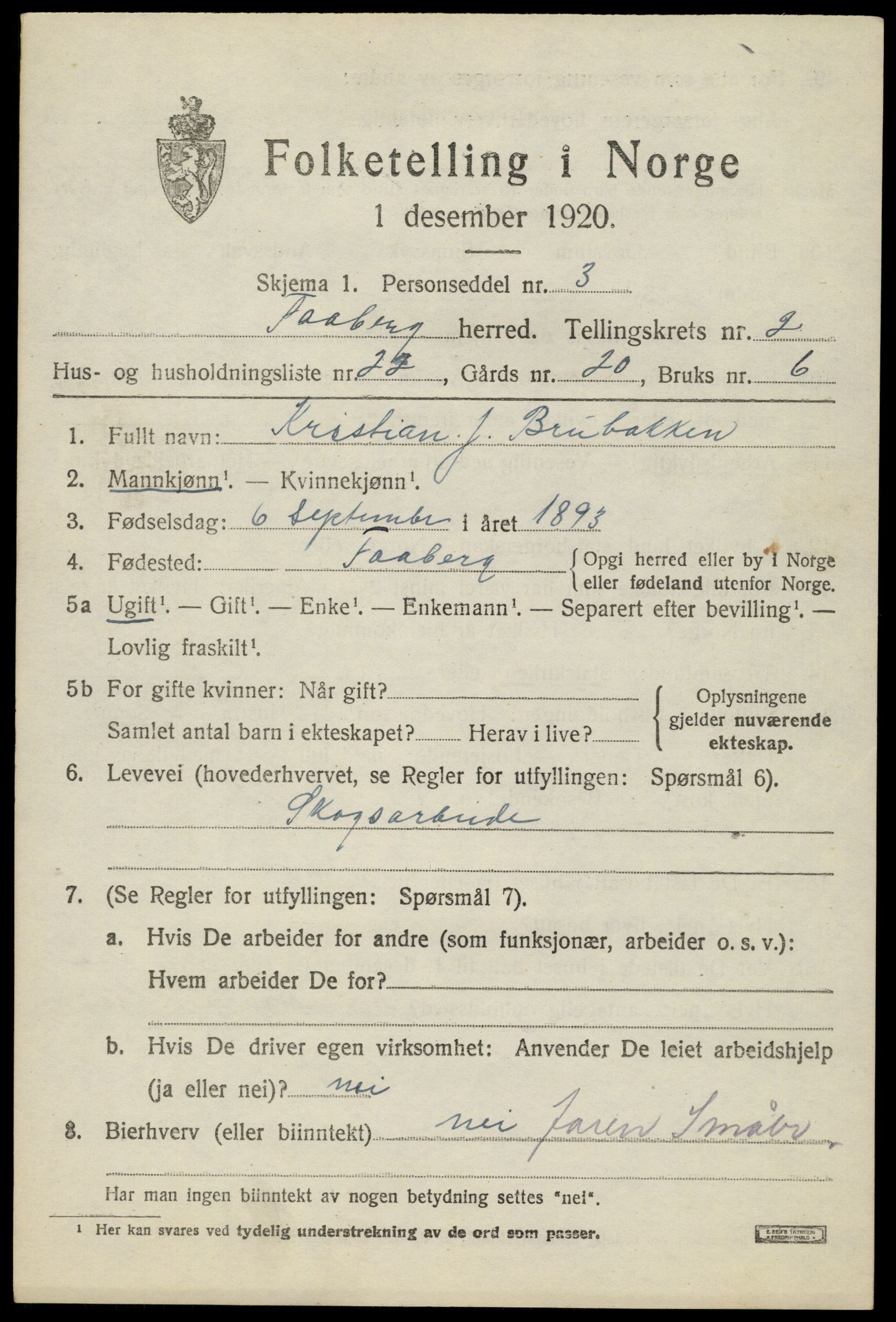 SAH, 1920 census for Fåberg, 1920, p. 3494