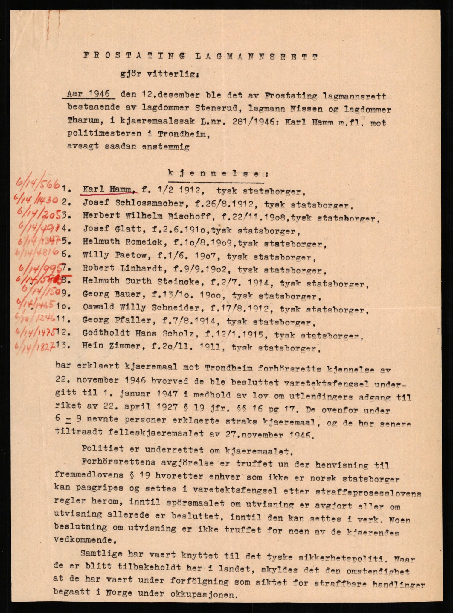 Forsvaret, Forsvarets overkommando II, AV/RA-RAFA-3915/D/Db/L0011: CI Questionaires. Tyske okkupasjonsstyrker i Norge. Tyskere., 1945-1946, p. 386