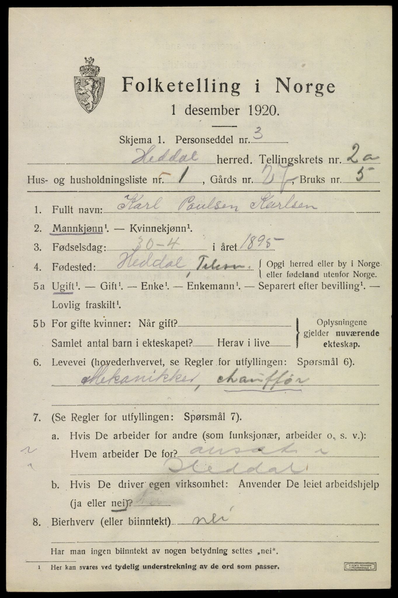 SAKO, 1920 census for Heddal, 1920, p. 1954