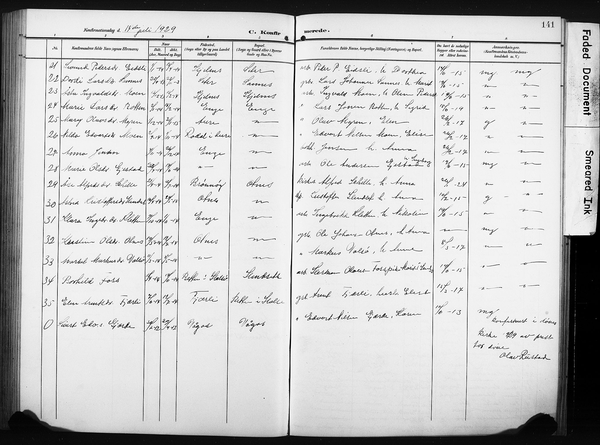 Ministerialprotokoller, klokkerbøker og fødselsregistre - Møre og Romsdal, AV/SAT-A-1454/580/L0927: Parish register (copy) no. 580C02, 1904-1932, p. 141