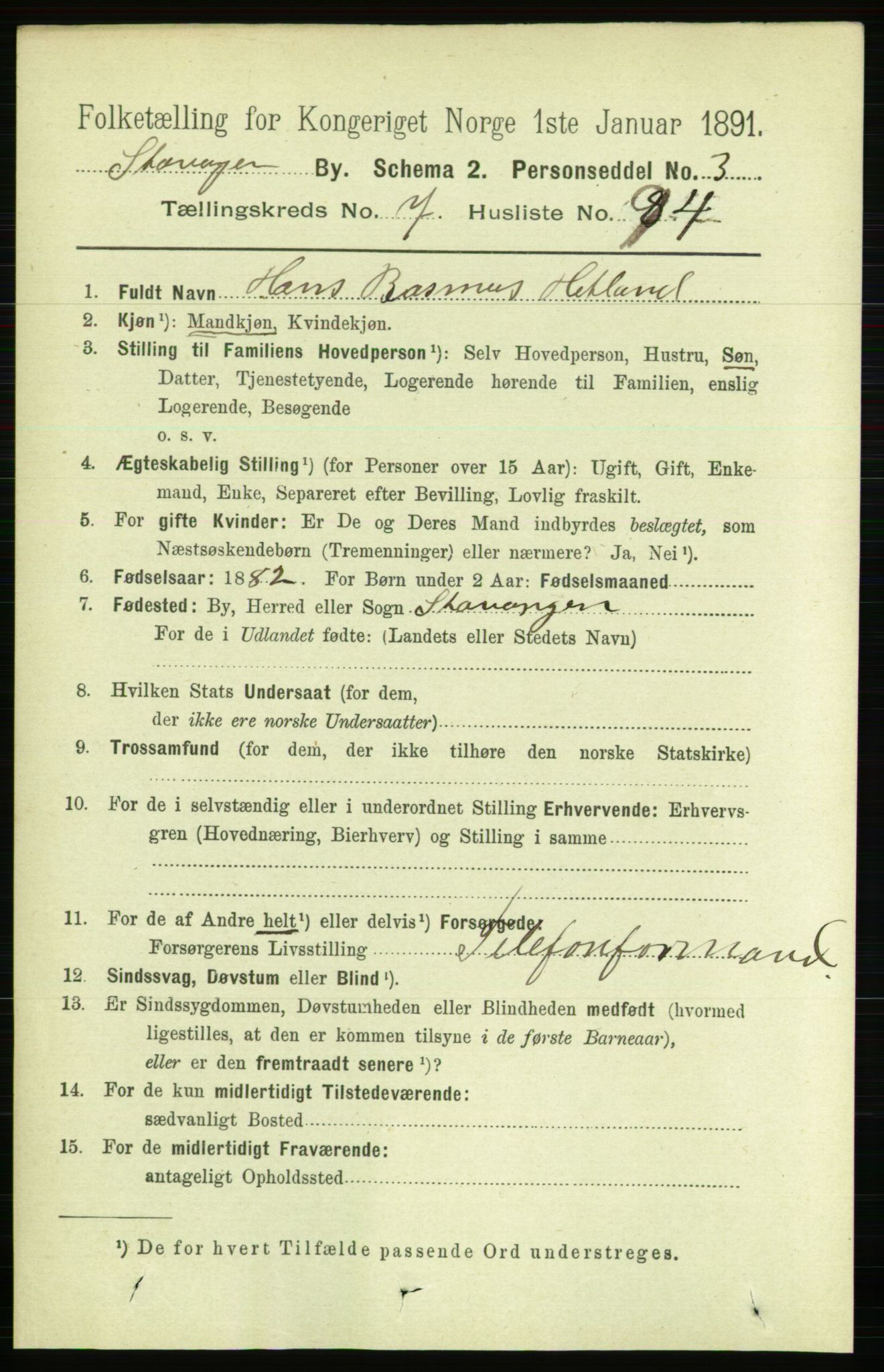 RA, 1891 census for 1103 Stavanger, 1891, p. 11964