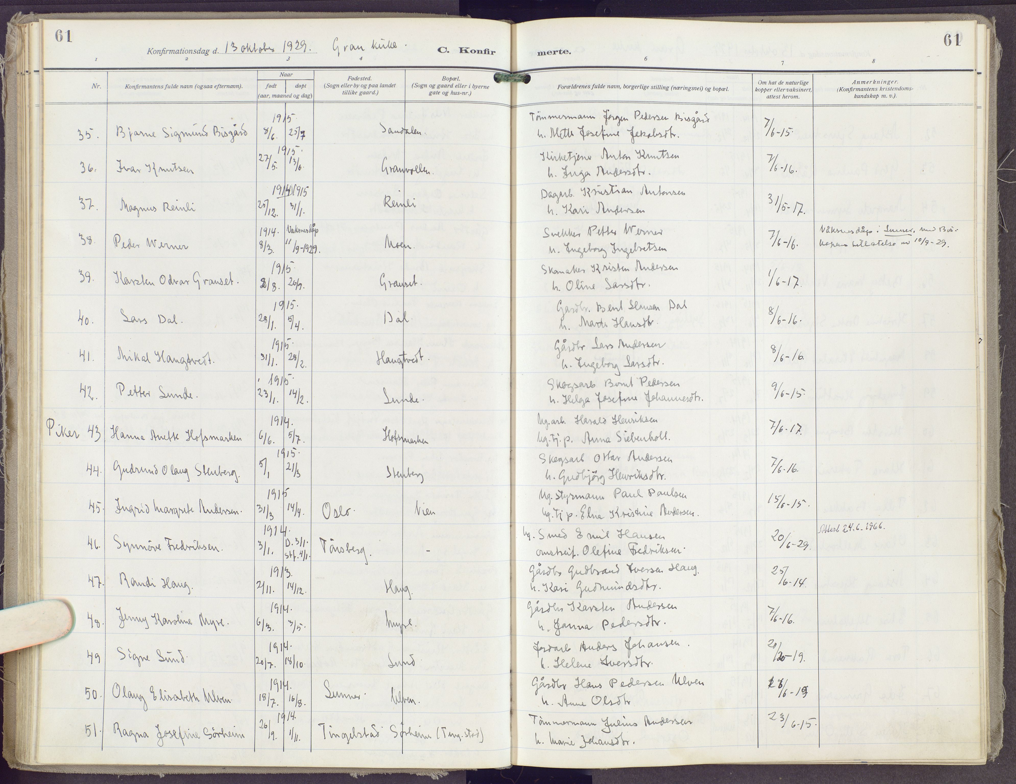 Gran prestekontor, AV/SAH-PREST-112/H/Ha/Haa/L0023: Parish register (official) no. 23, 1919-1938, p. 61