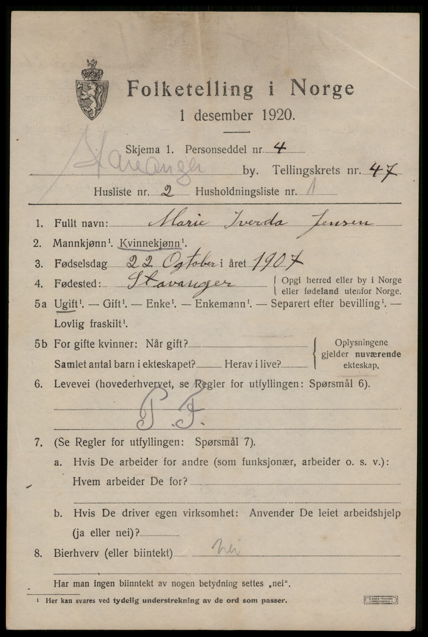 SAST, 1920 census for Stavanger, 1920, p. 113984