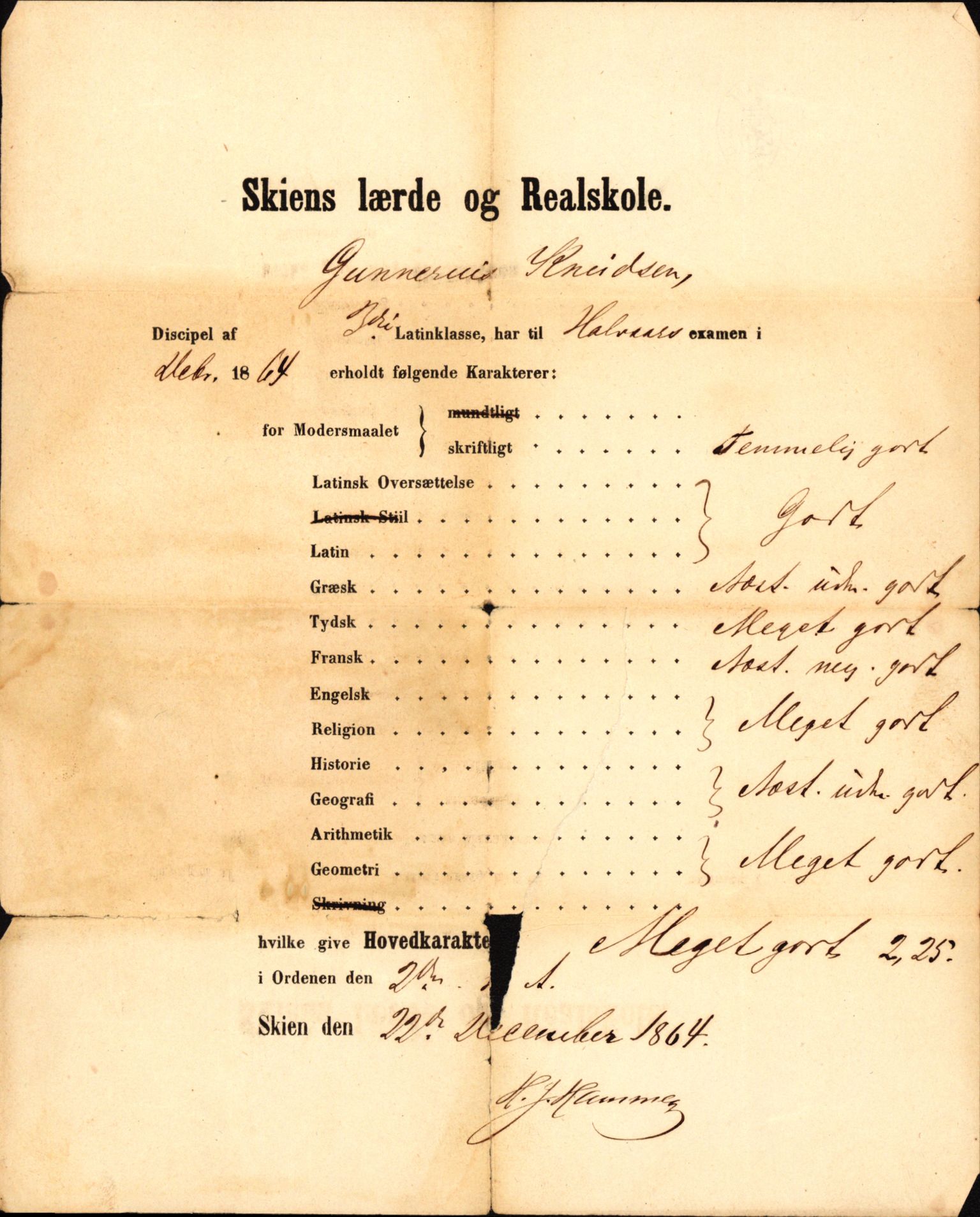 Knudsen, Gunnar, AV/RA-PA-0626/J/L0061/0001: -- / Gunnar Knudsens fødselsattest. Karaktersedler m.v., Skiens Latinskole, 1862-1864