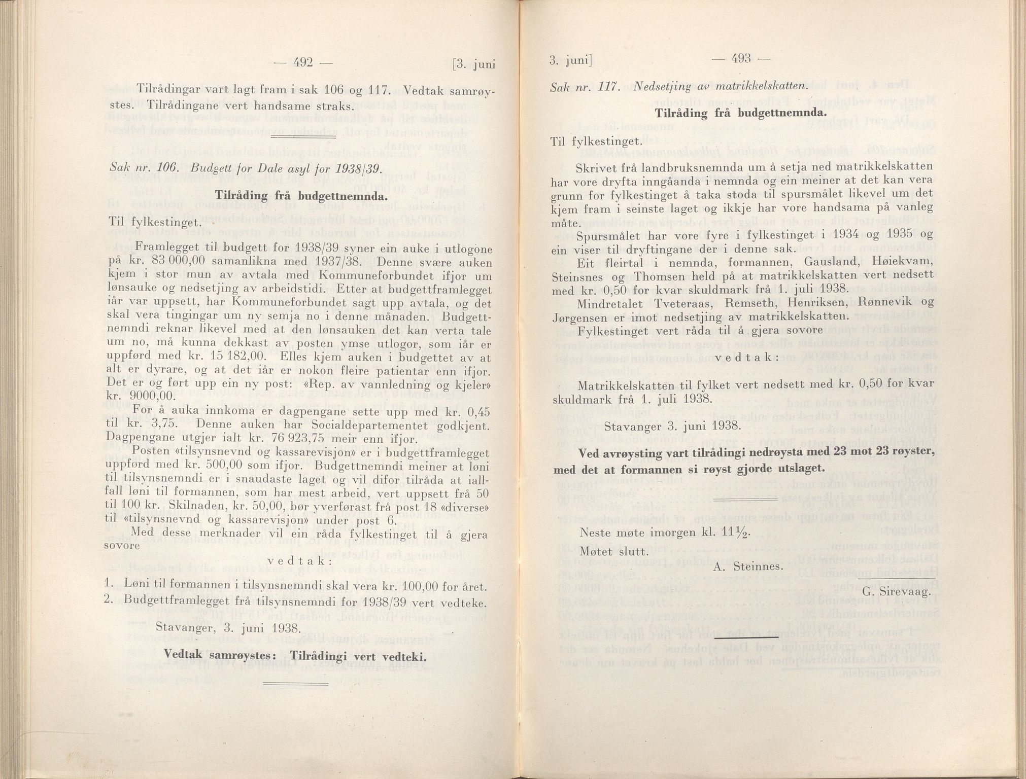 Rogaland fylkeskommune - Fylkesrådmannen , IKAR/A-900/A/Aa/Aaa/L0057: Møtebok , 1938, p. 492-493