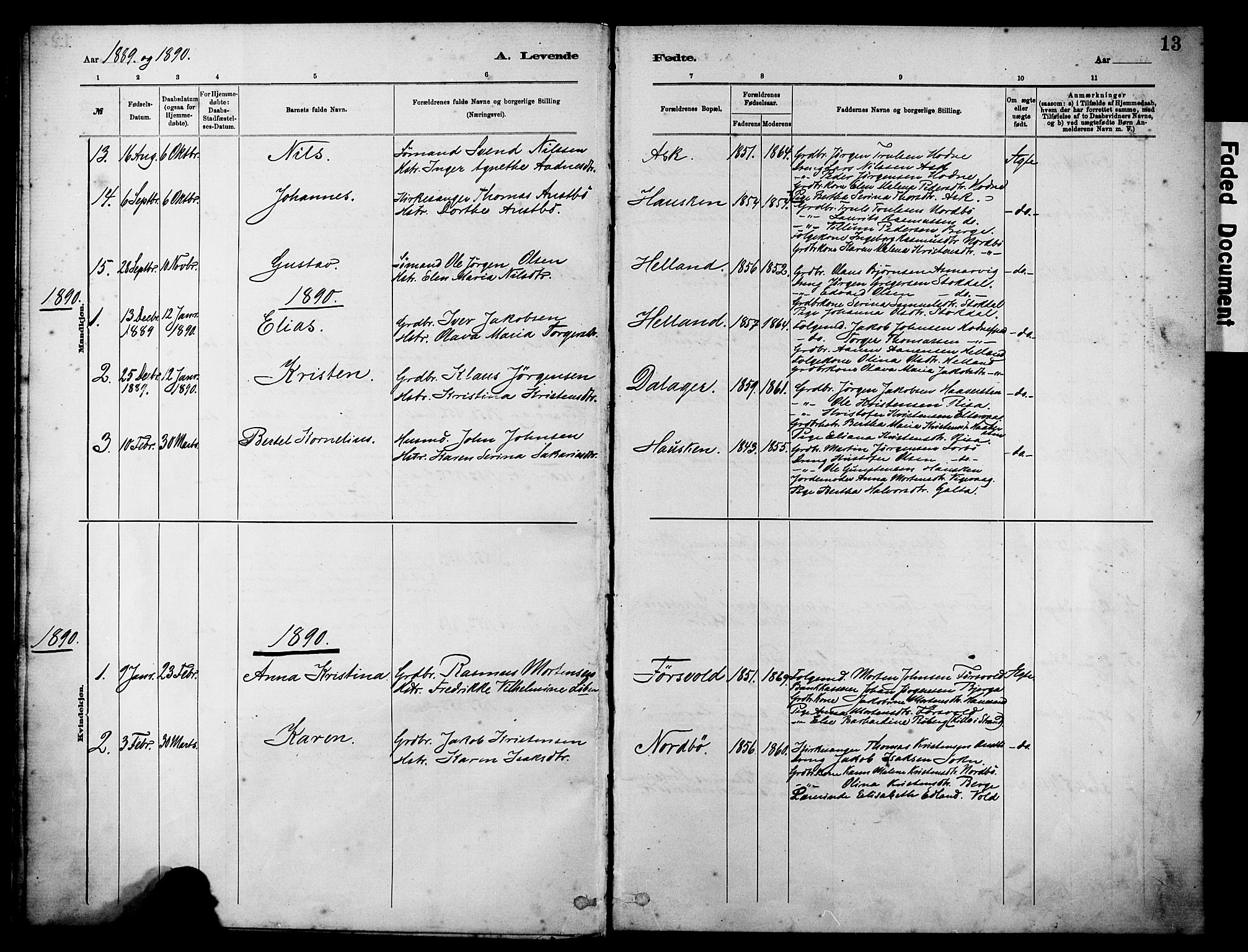 Rennesøy sokneprestkontor, SAST/A -101827/H/Ha/Haa/L0012: Parish register (official) no. A 13, 1885-1917, p. 13