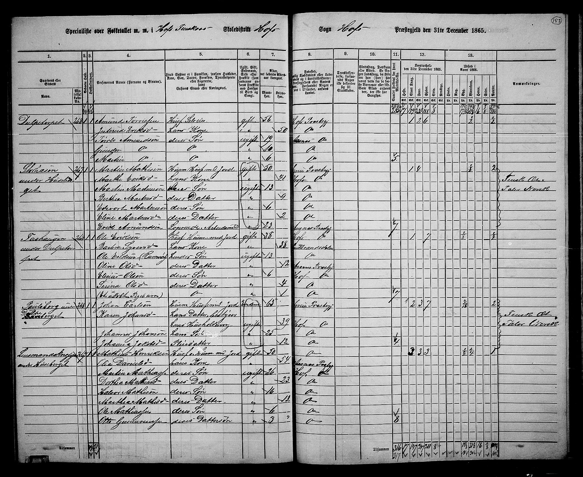RA, 1865 census for Hof, 1865, p. 139