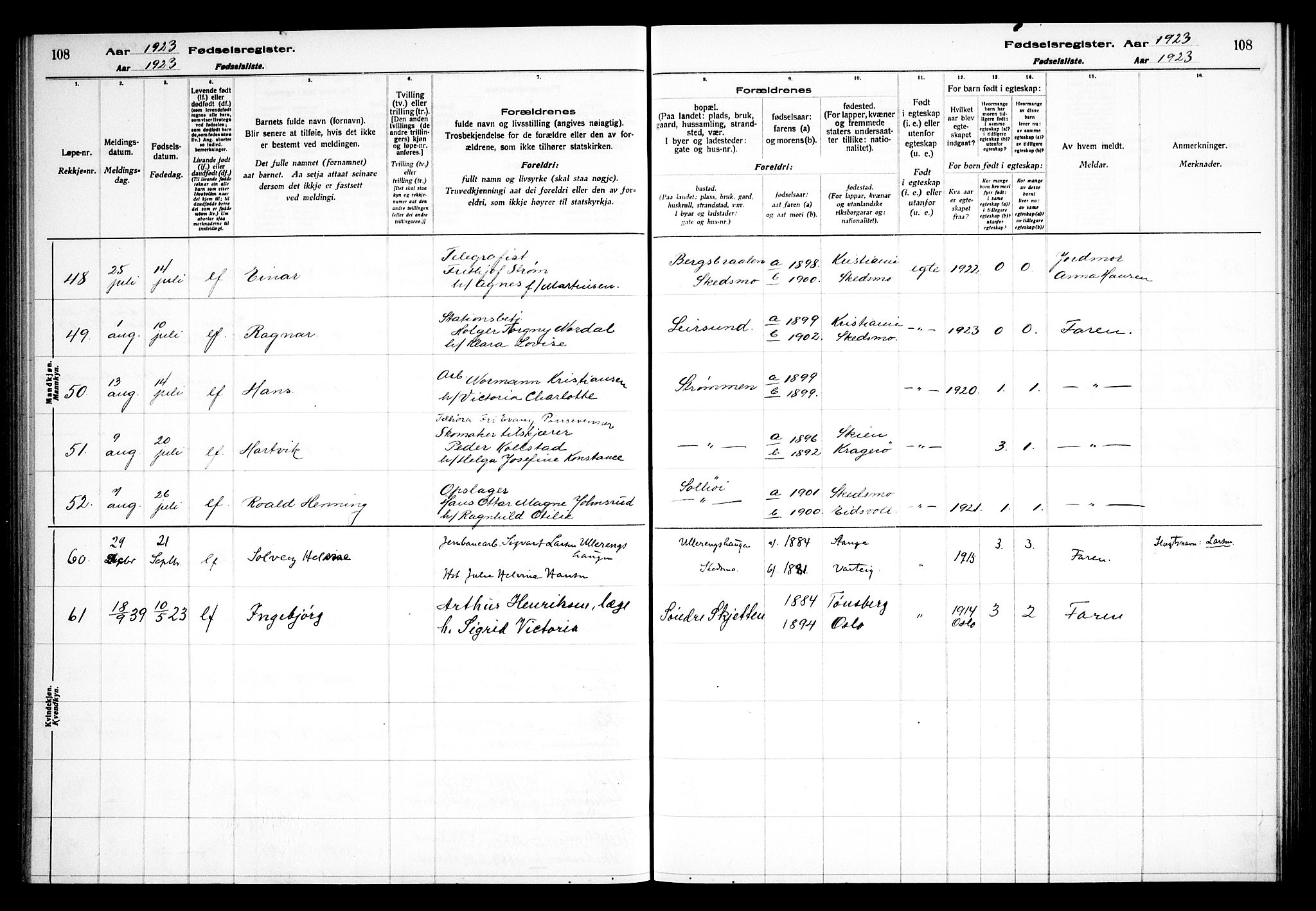 Skedsmo prestekontor Kirkebøker, AV/SAO-A-10033a/J/Ja/L0001: Birth register no. I 1, 1916-1931, p. 108