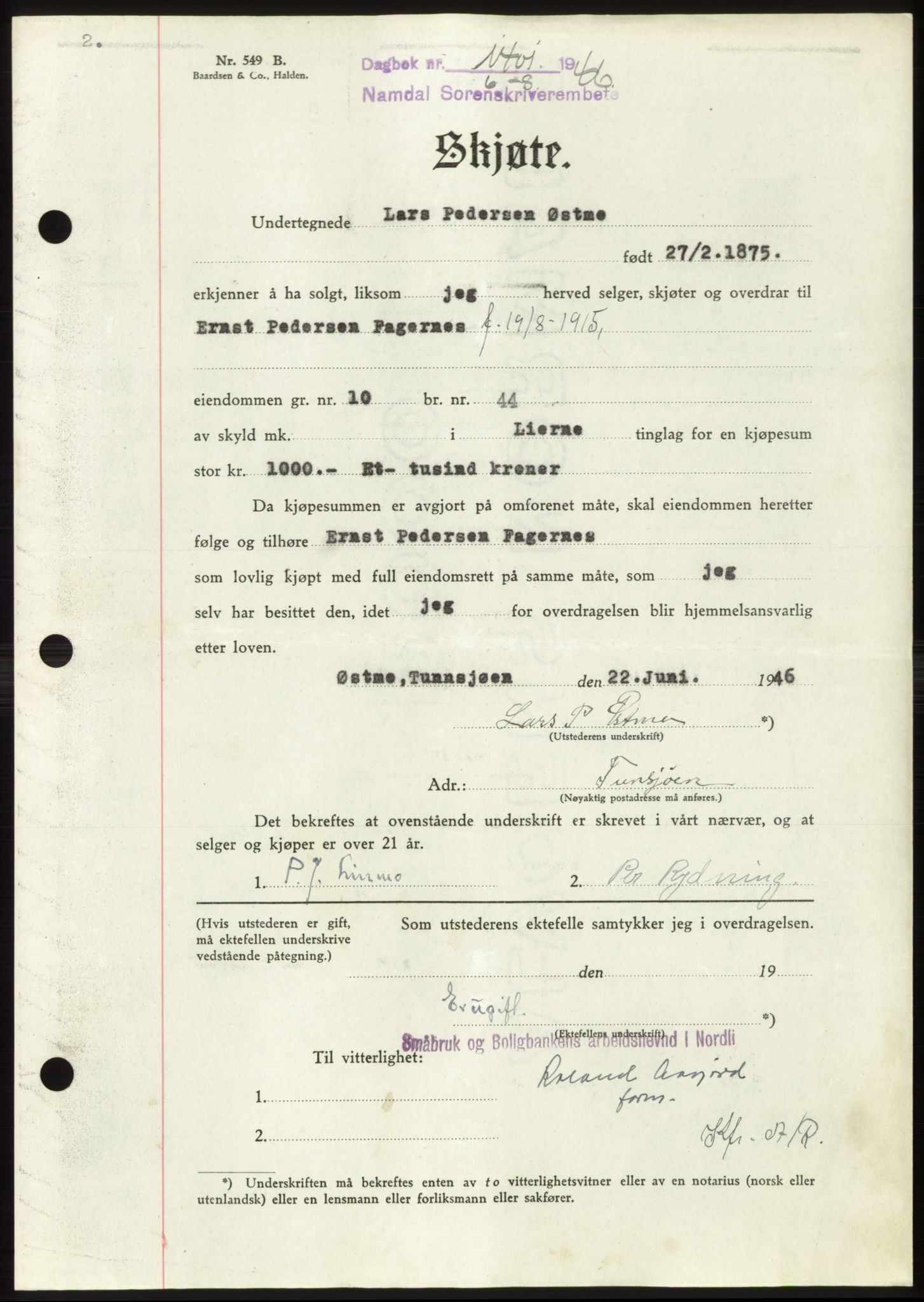 Namdal sorenskriveri, AV/SAT-A-4133/1/2/2C: Mortgage book no. -, 1946-1946, Diary no: : 1401/1946