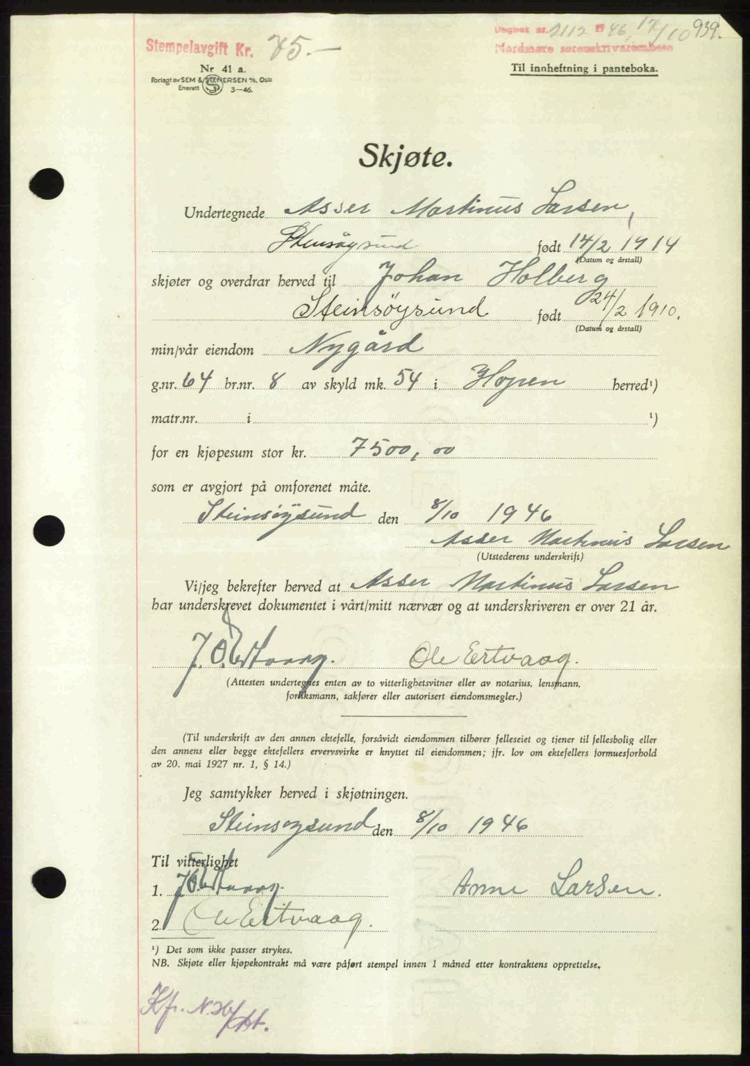 Nordmøre sorenskriveri, AV/SAT-A-4132/1/2/2Ca: Mortgage book no. A102, 1946-1946, Diary no: : 2112/1946