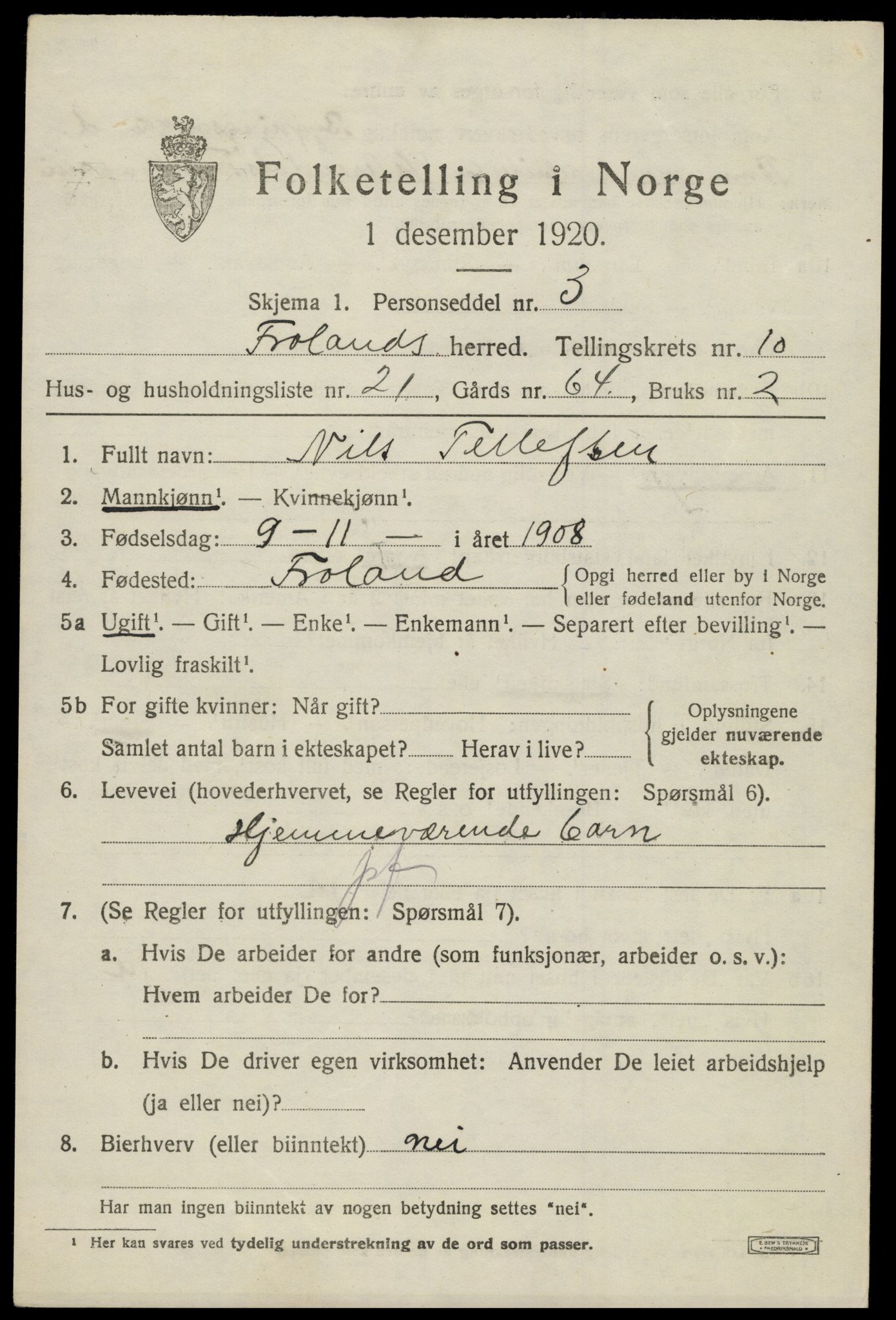 SAK, 1920 census for Froland, 1920, p. 5527