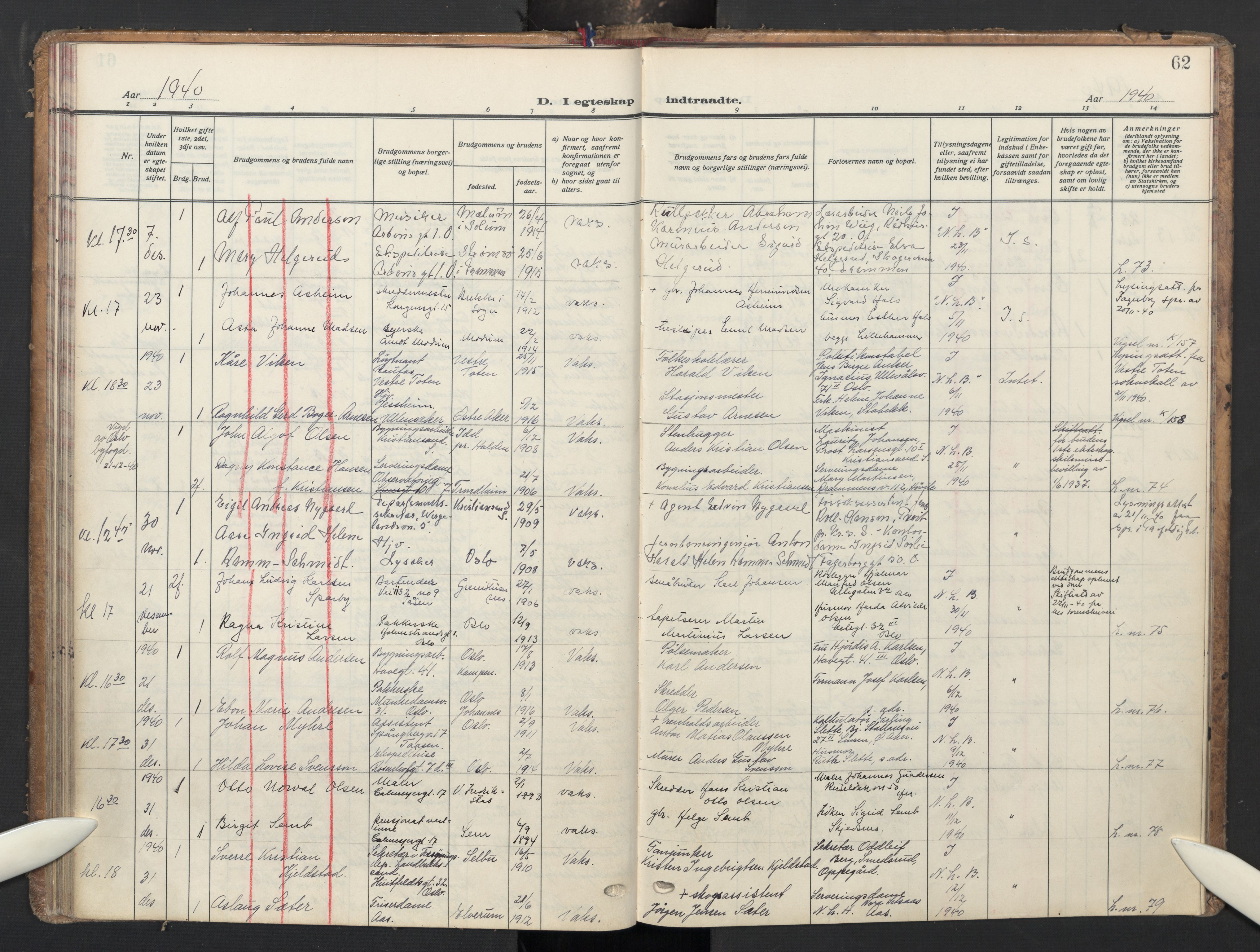 Oslo domkirke Kirkebøker, AV/SAO-A-10752/G/Ga/L0007: Parish register (copy) no. 7, 1937-1951, p. 62