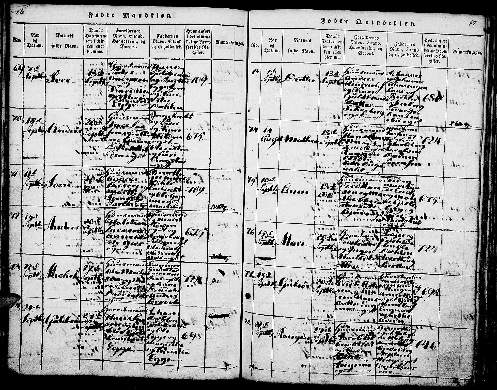 Gran prestekontor, AV/SAH-PREST-112/H/Ha/Haa/L0009: Parish register (official) no. 9, 1815-1824, p. 86-87