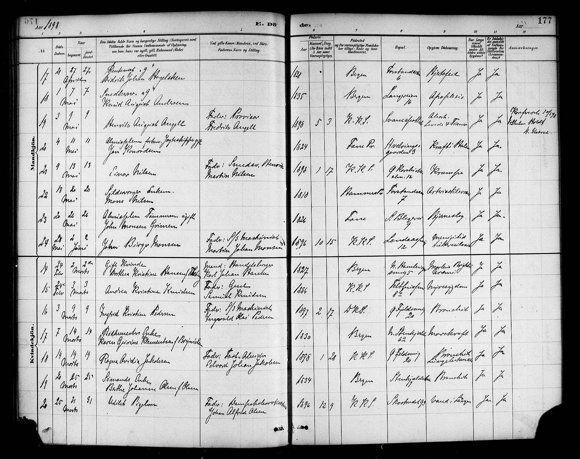 Korskirken sokneprestembete, AV/SAB-A-76101/H/Haa/L0047: Parish register (official) no. E 5, 1884-1910, p. 177