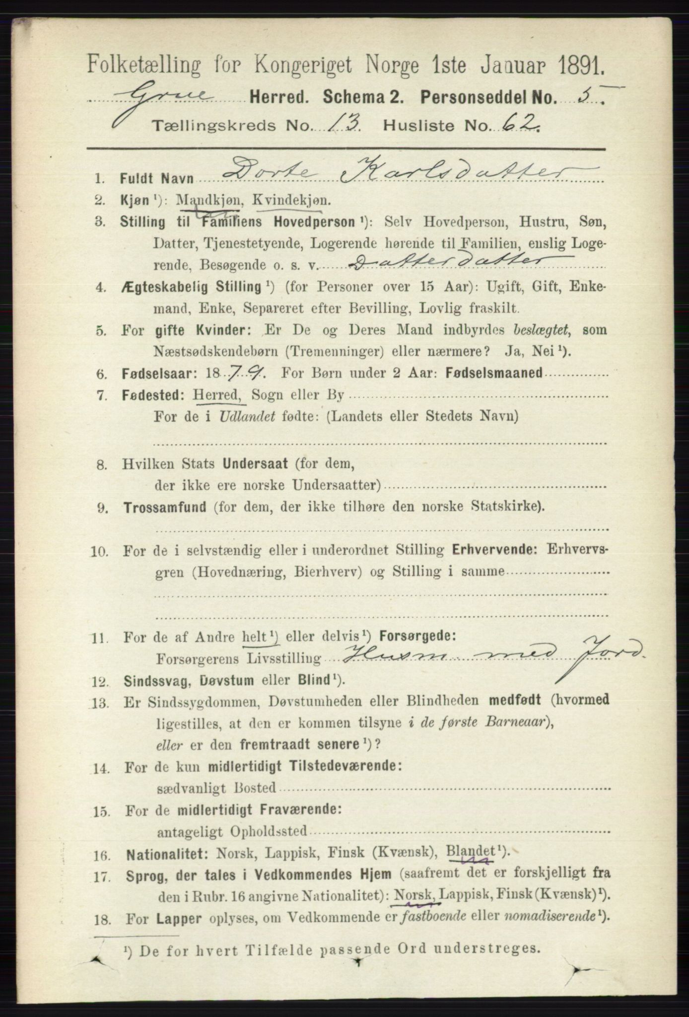 RA, 1891 census for 0423 Grue, 1891, p. 6974