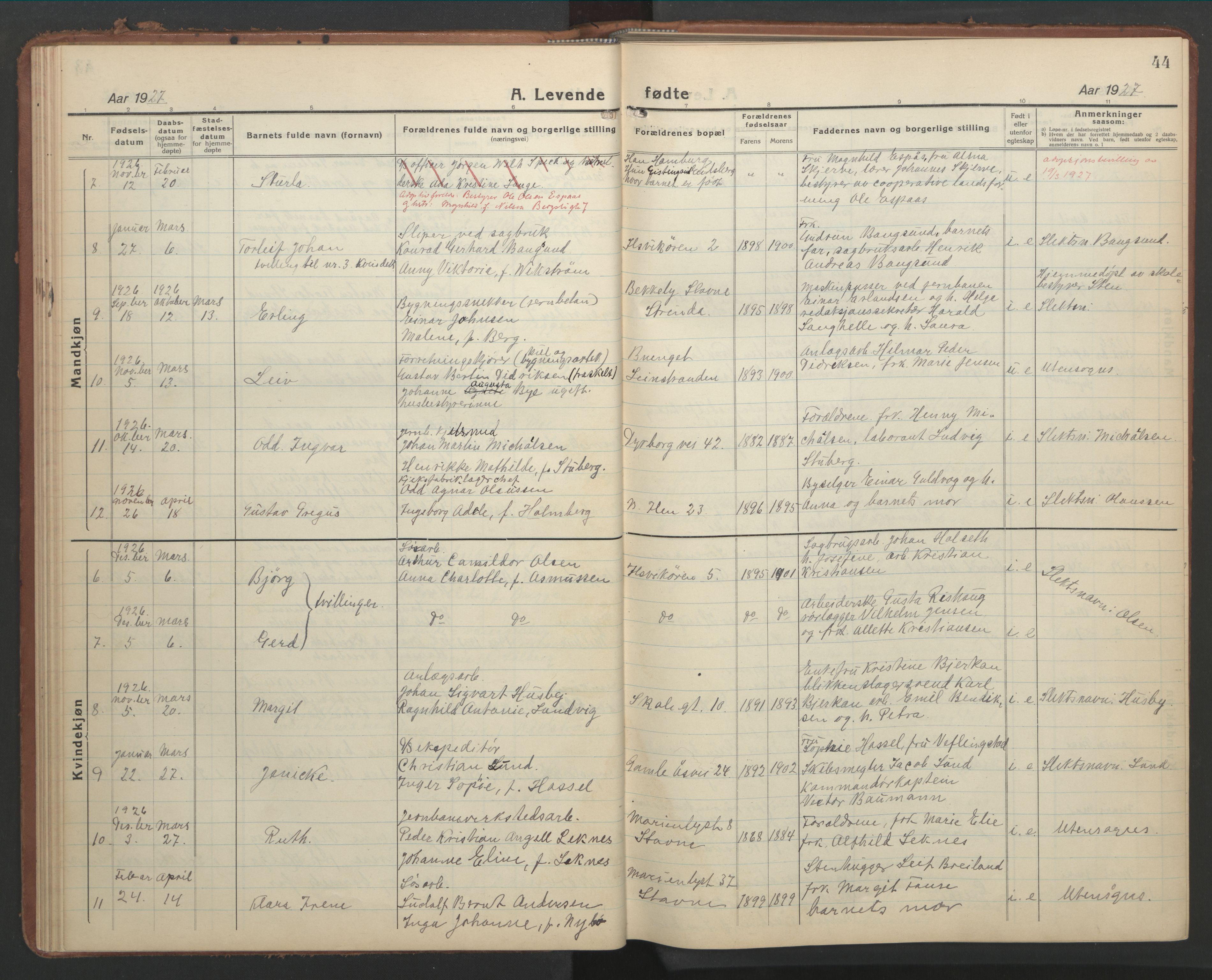 Ministerialprotokoller, klokkerbøker og fødselsregistre - Sør-Trøndelag, SAT/A-1456/603/L0174: Parish register (copy) no. 603C02, 1923-1951, p. 44