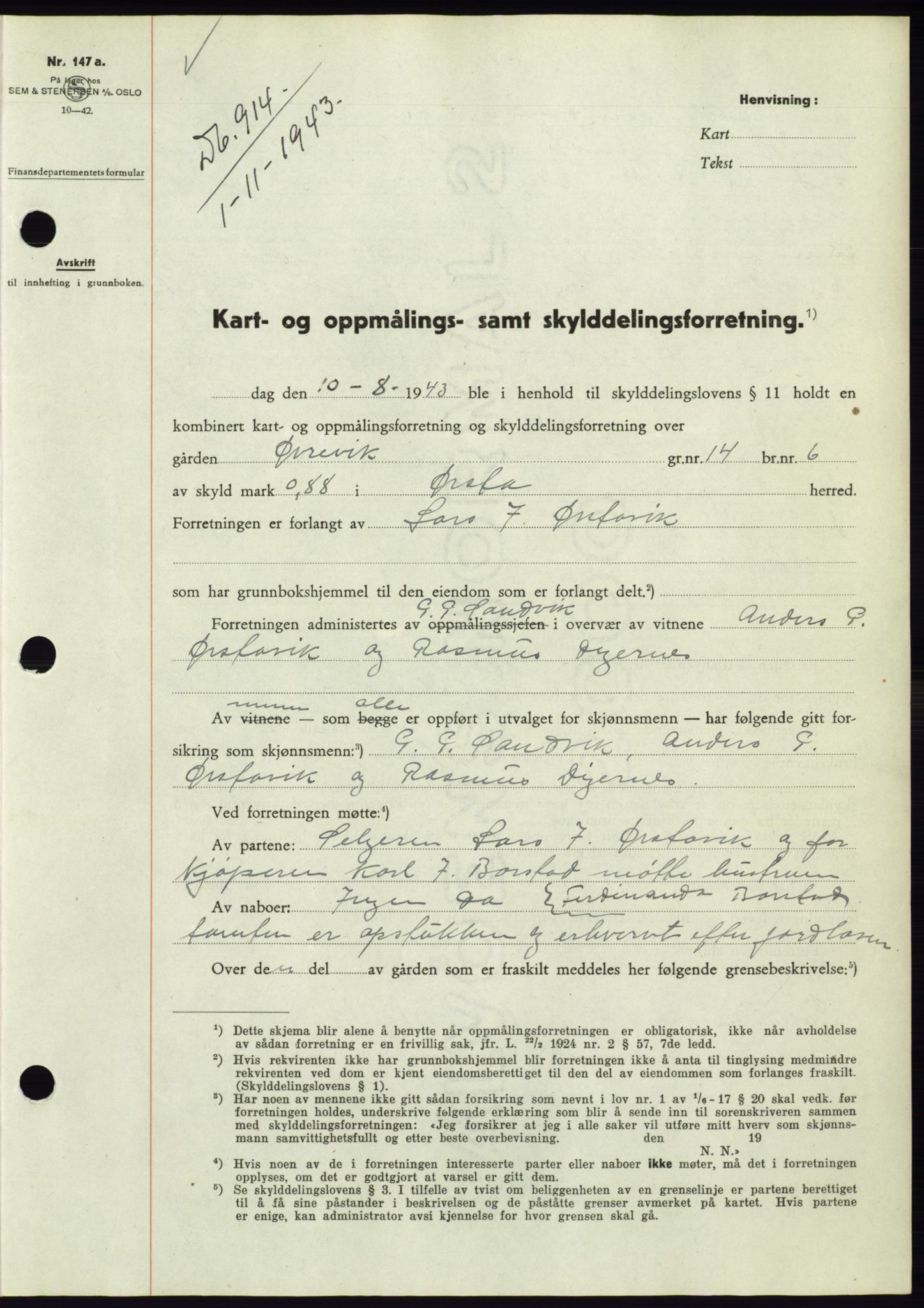 Søre Sunnmøre sorenskriveri, AV/SAT-A-4122/1/2/2C/L0075: Mortgage book no. 1A, 1943-1943, Diary no: : 914/1943