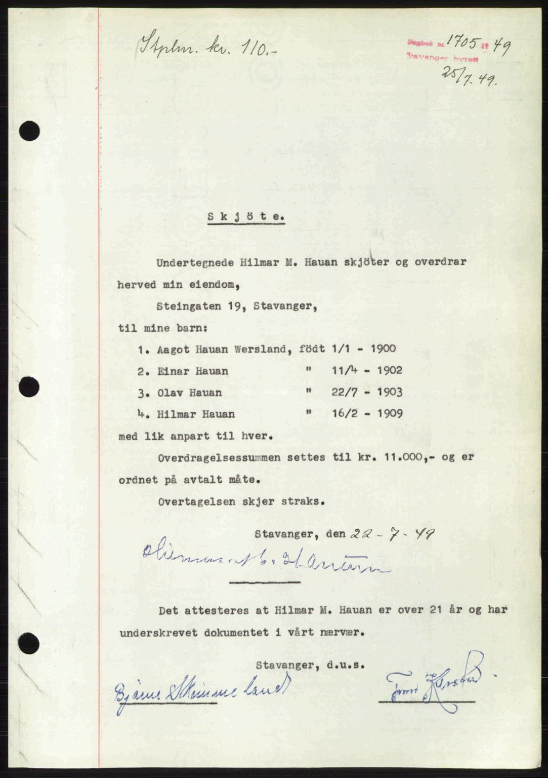 Stavanger byrett, SAST/A-100455/002/G/Gb/L0023: Mortgage book no. A12, 1948-1949, Diary no: : 1705/1949