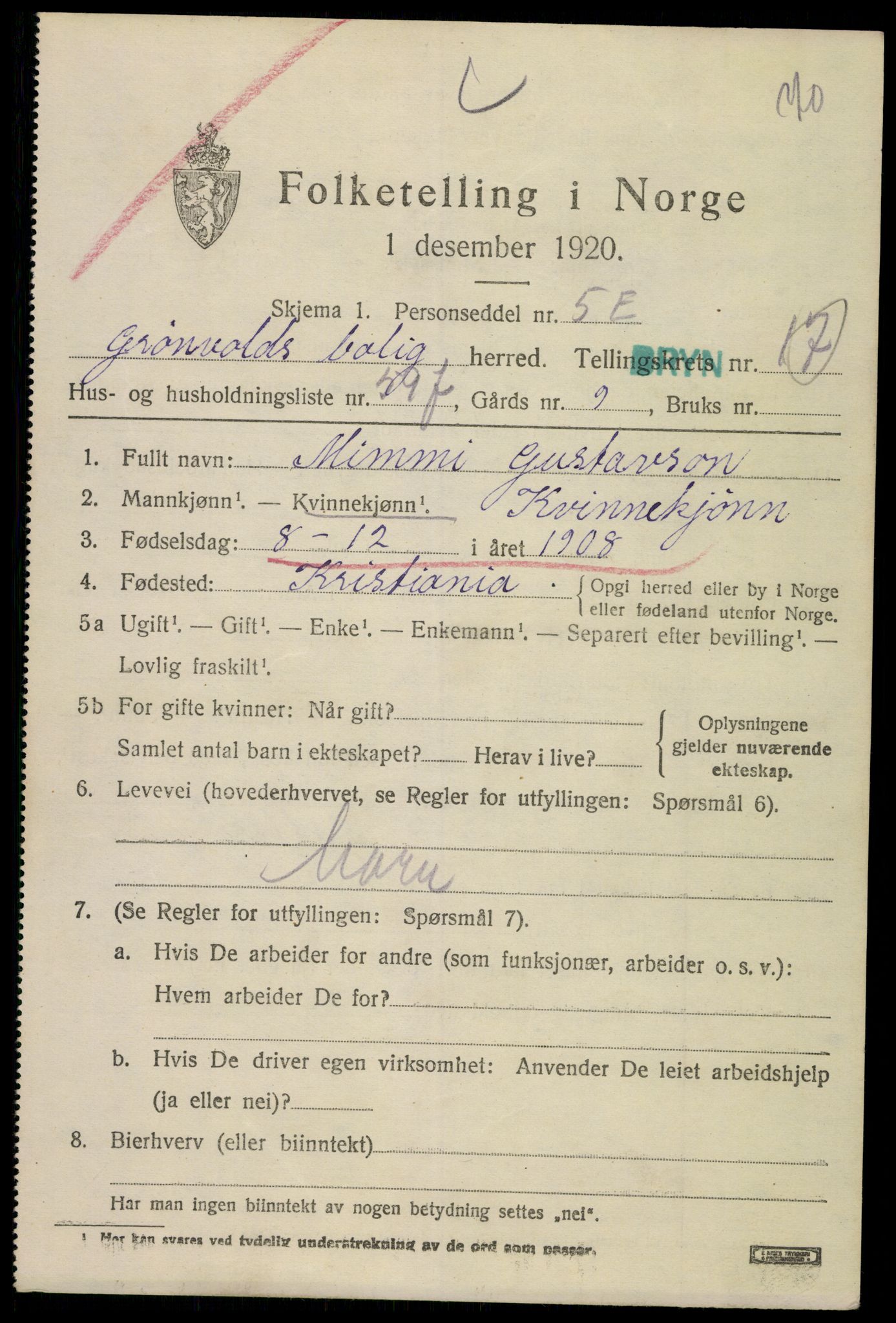 SAO, 1920 census for Aker, 1920, p. 102390