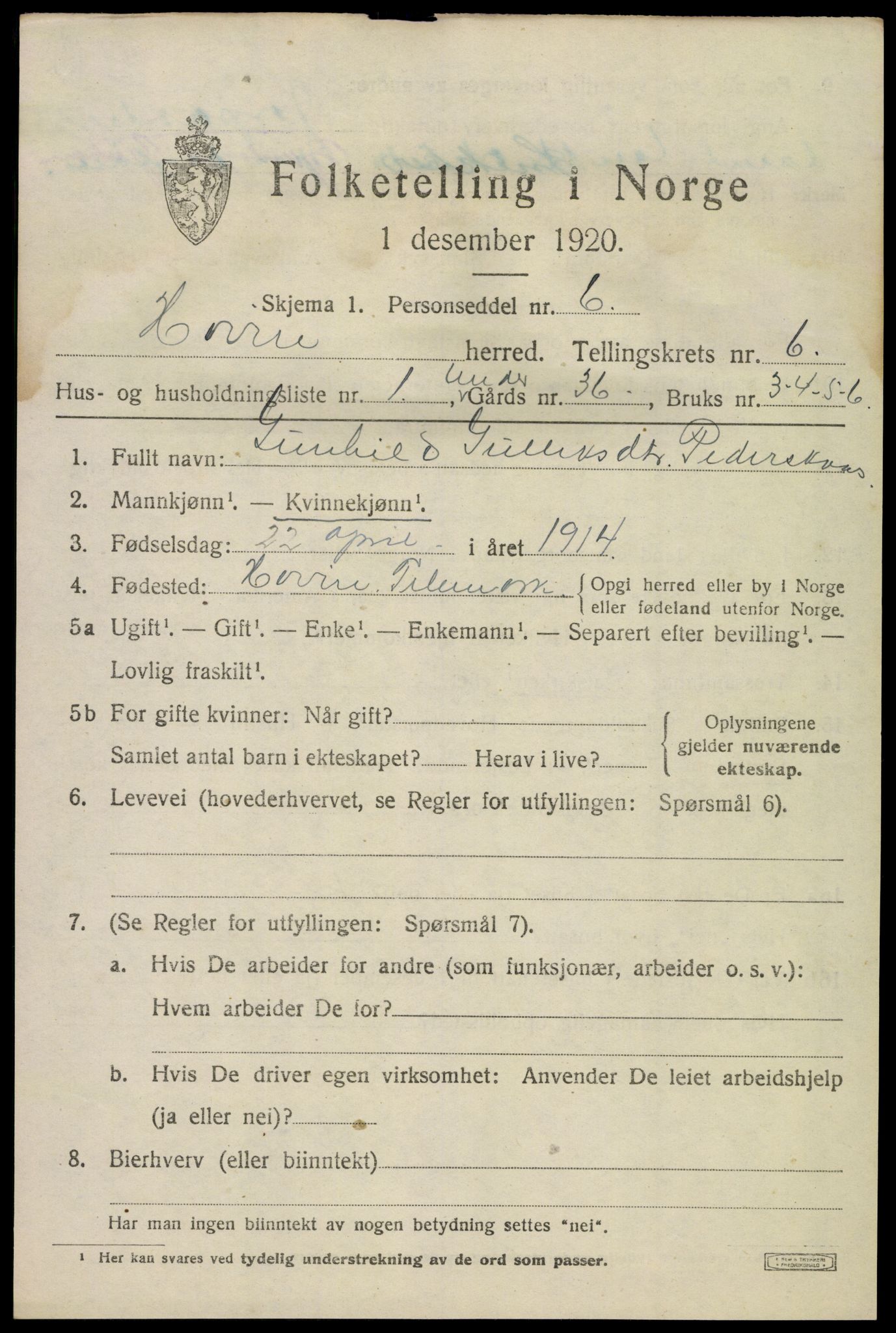 SAKO, 1920 census for Hovin, 1920, p. 1447
