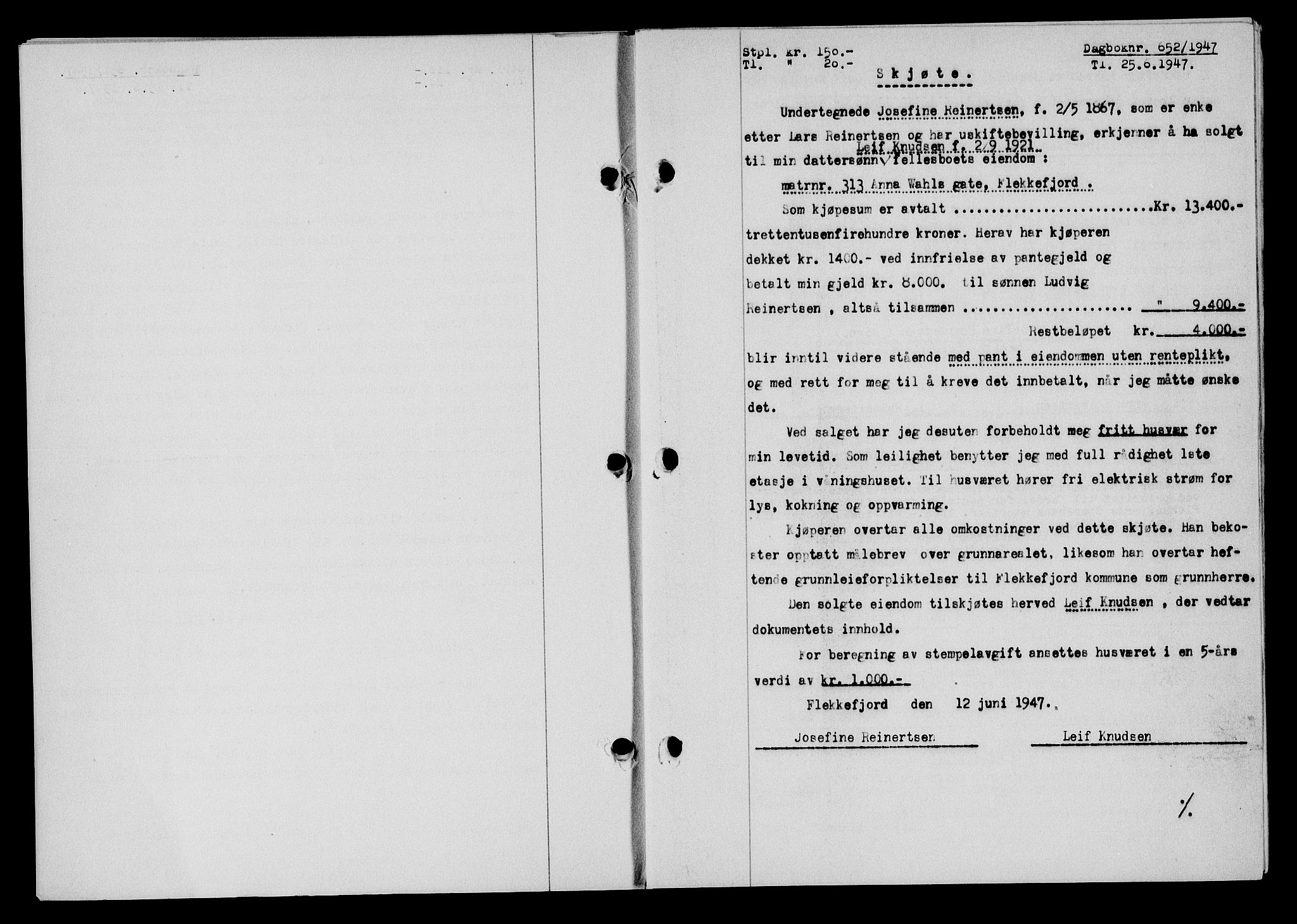 Flekkefjord sorenskriveri, SAK/1221-0001/G/Gb/Gba/L0062: Mortgage book no. A-10, 1947-1947, Diary no: : 652/1947