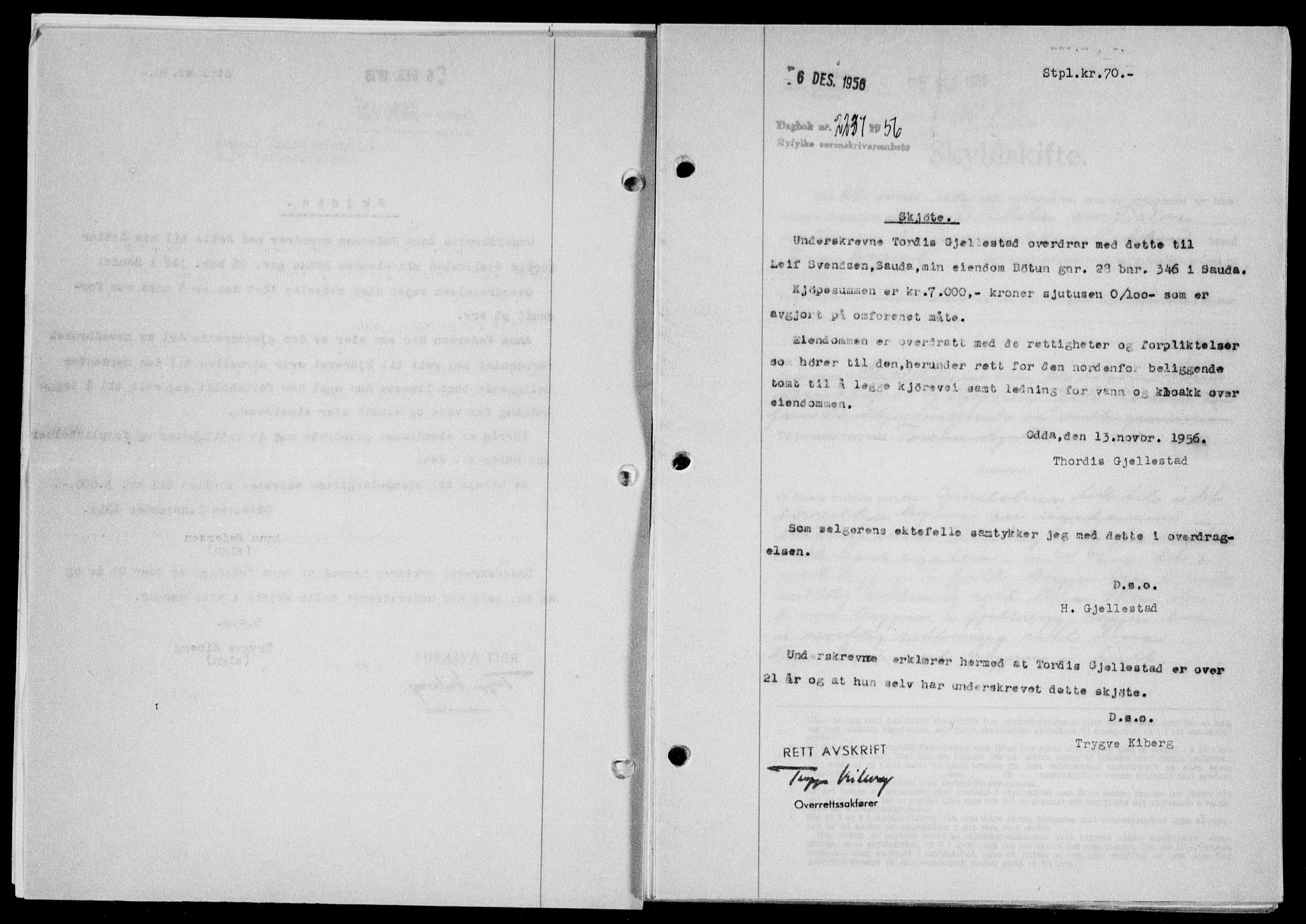 Ryfylke tingrett, SAST/A-100055/001/II/IIB/L0135: Mortgage book no. 114, 1956-1957, Diary no: : 2237/1956