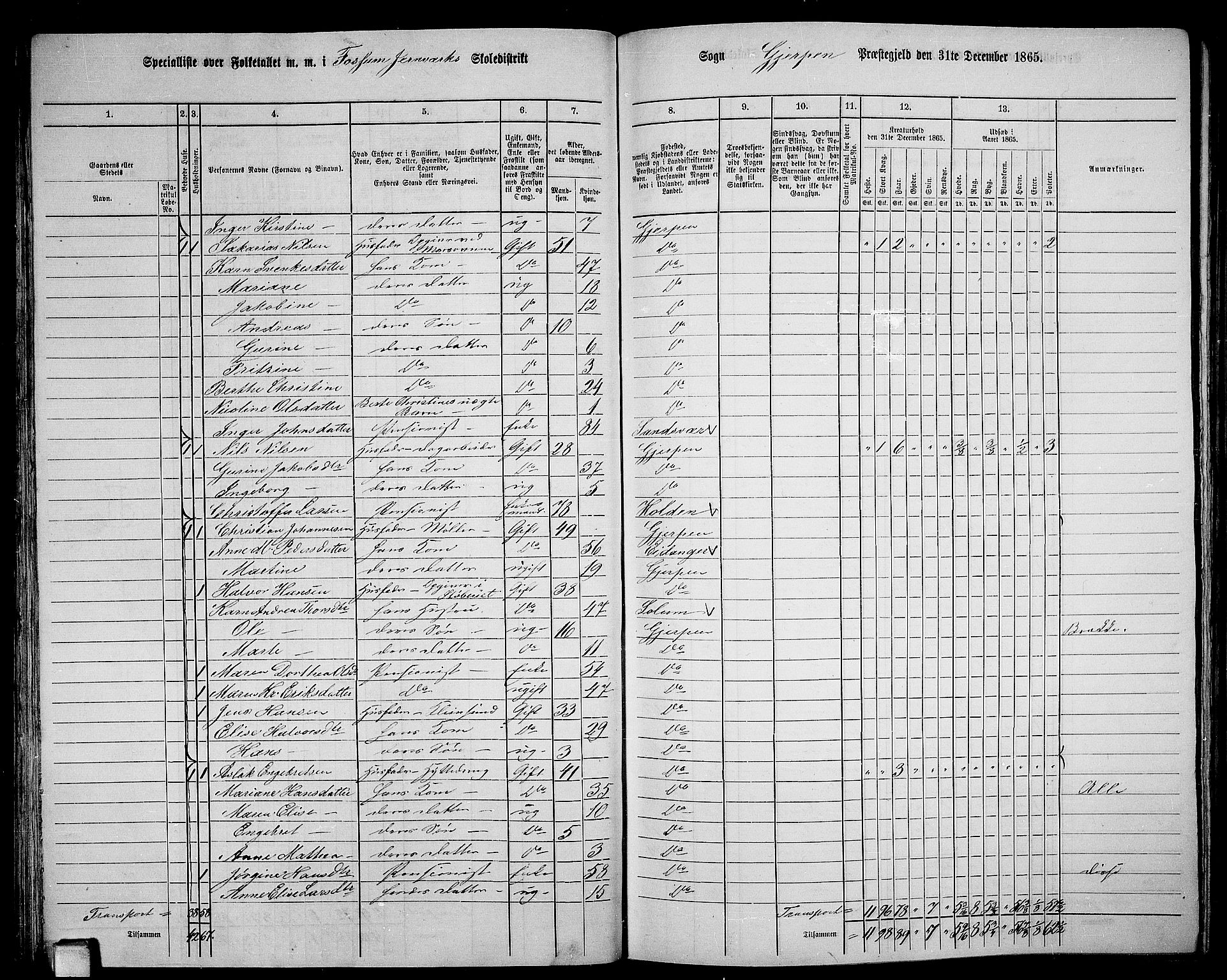 RA, 1865 census for Gjerpen, 1865, p. 50