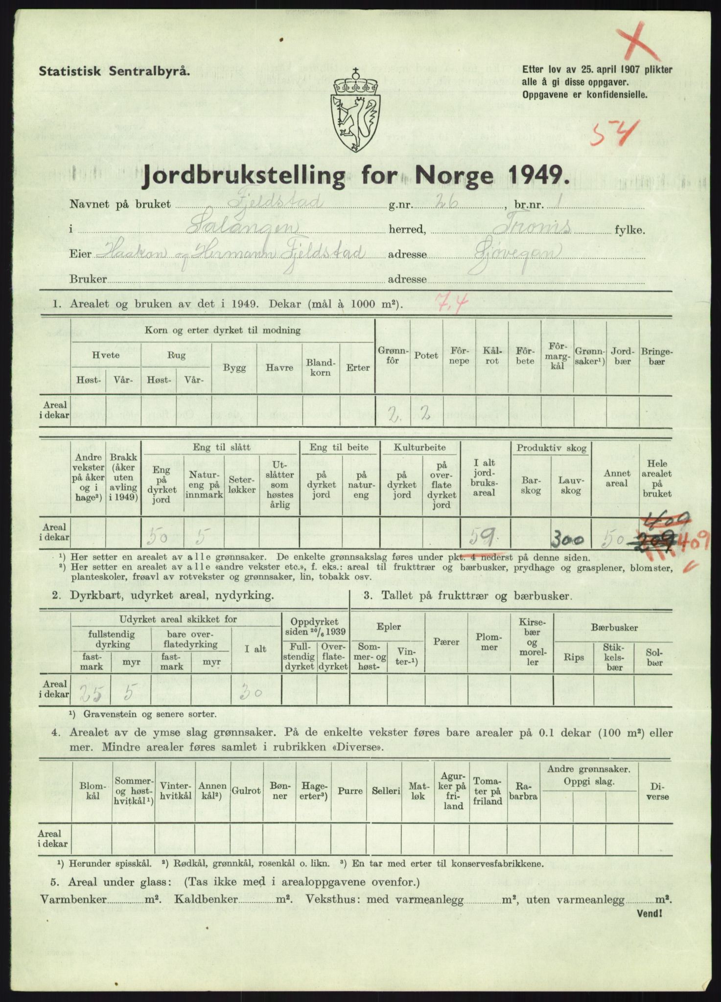 Statistisk sentralbyrå, Næringsøkonomiske emner, Jordbruk, skogbruk, jakt, fiske og fangst, AV/RA-S-2234/G/Gc/L0438: Troms: Salangen og Bardu, 1949, p. 842