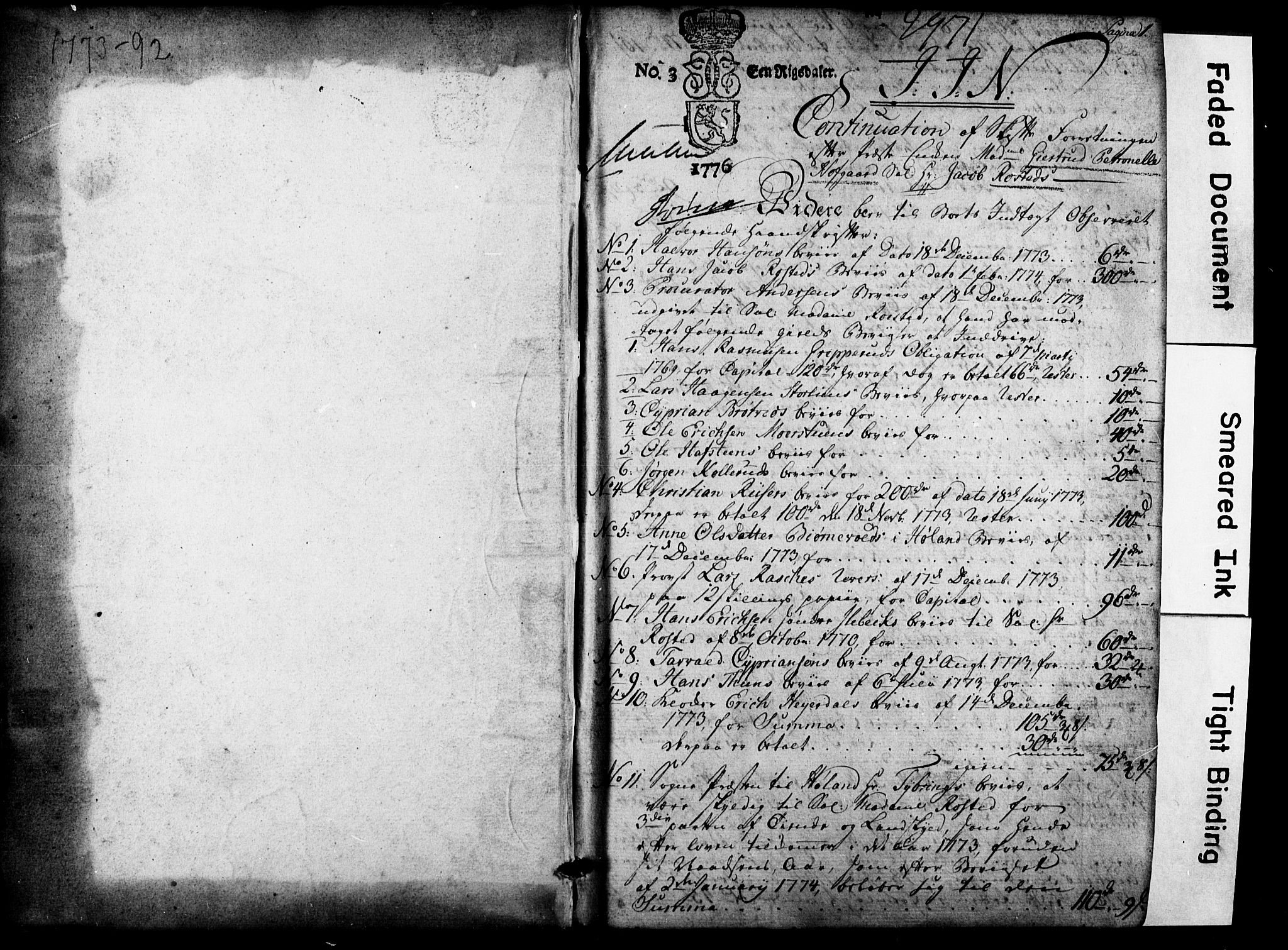 Bragernes prosti, AV/SAKO-A-430/O/Ob/L0003: Skifteprotokoll, 1776-1792, p. 0-1