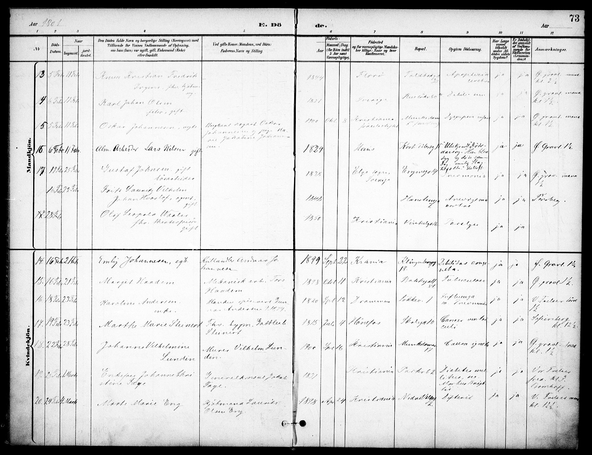 Johannes prestekontor Kirkebøker, AV/SAO-A-10852/F/Fa/L0008: Parish register (official) no. 8, 1897-1917, p. 73