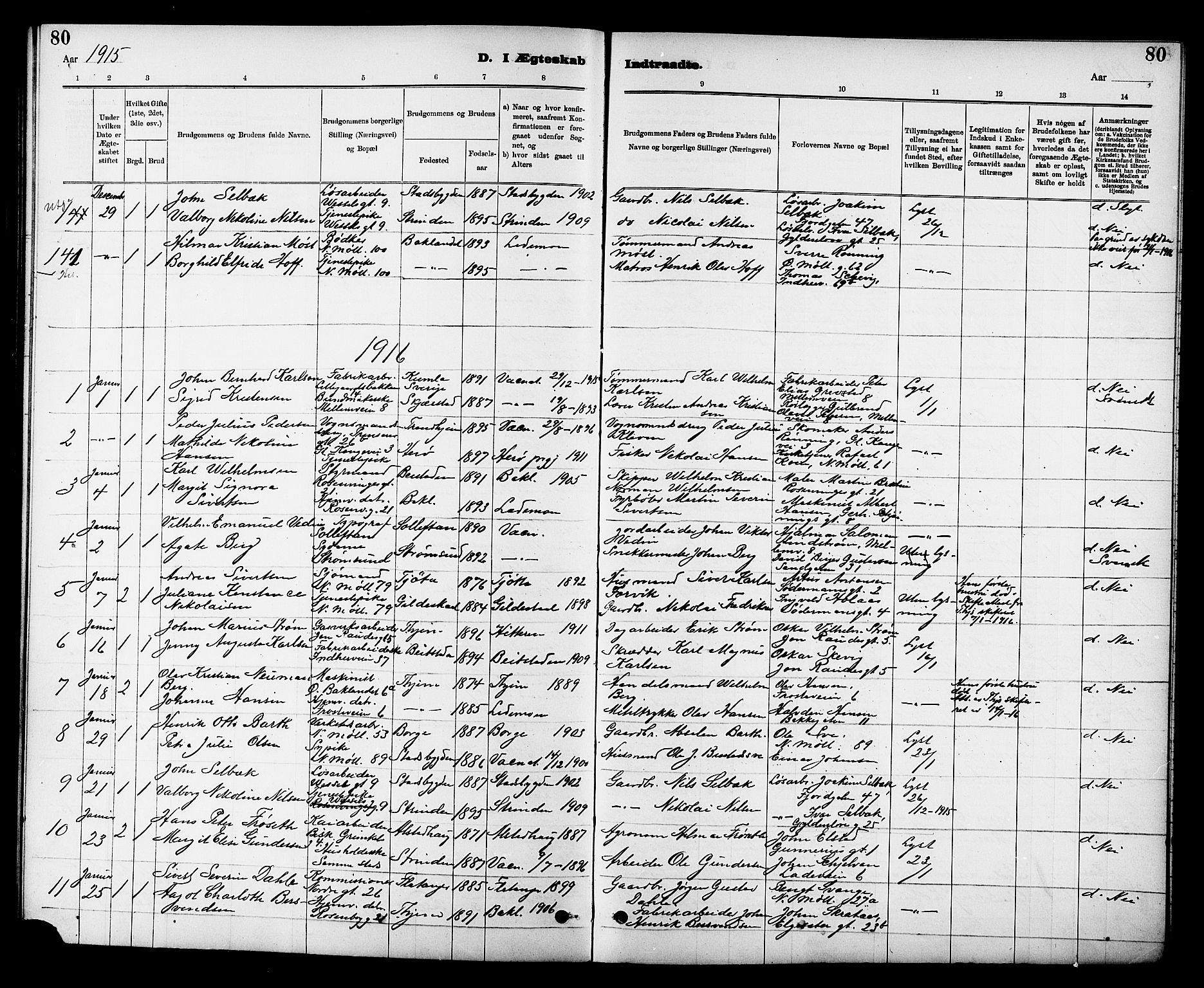 Ministerialprotokoller, klokkerbøker og fødselsregistre - Sør-Trøndelag, SAT/A-1456/605/L0255: Parish register (copy) no. 605C02, 1908-1918, p. 80