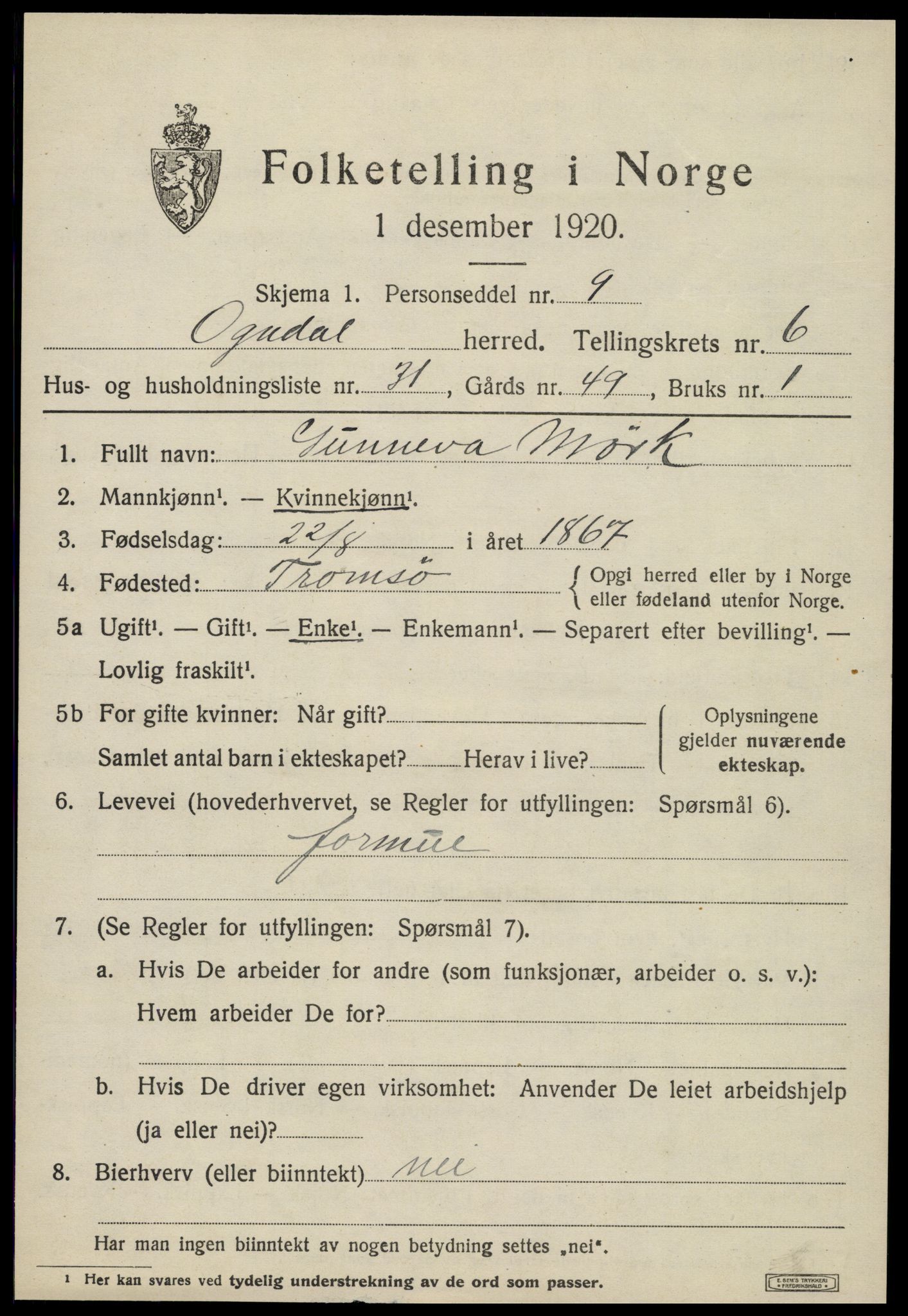 SAT, 1920 census for Ogndal, 1920, p. 2647