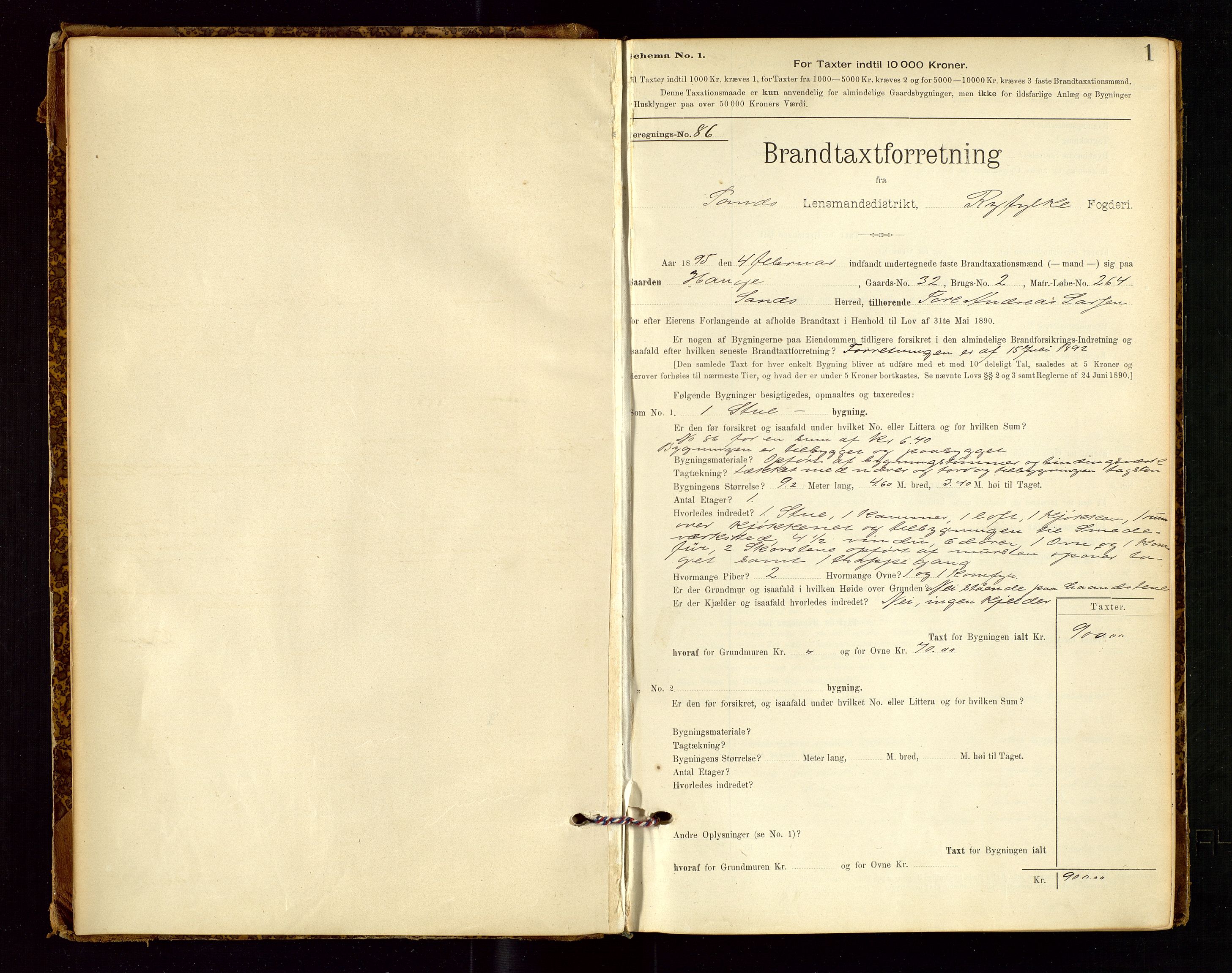 Sand lensmannskontor, SAST/A-100415/Goc/L0001: "Brandtaxationsprotokol", 1895-1935, p. 1