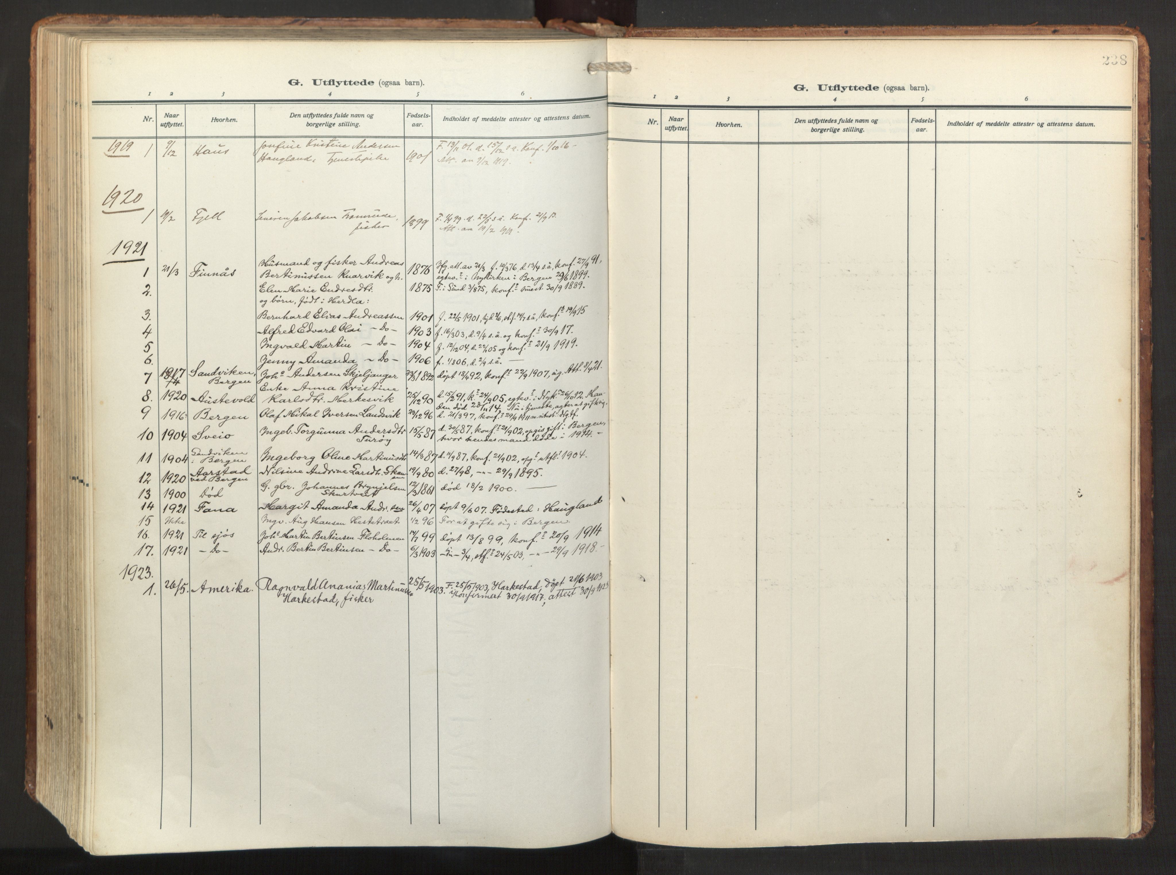 Herdla Sokneprestembete, AV/SAB-A-75701/H/Haa: Parish register (official) no. A 6, 1918-1933, p. 238