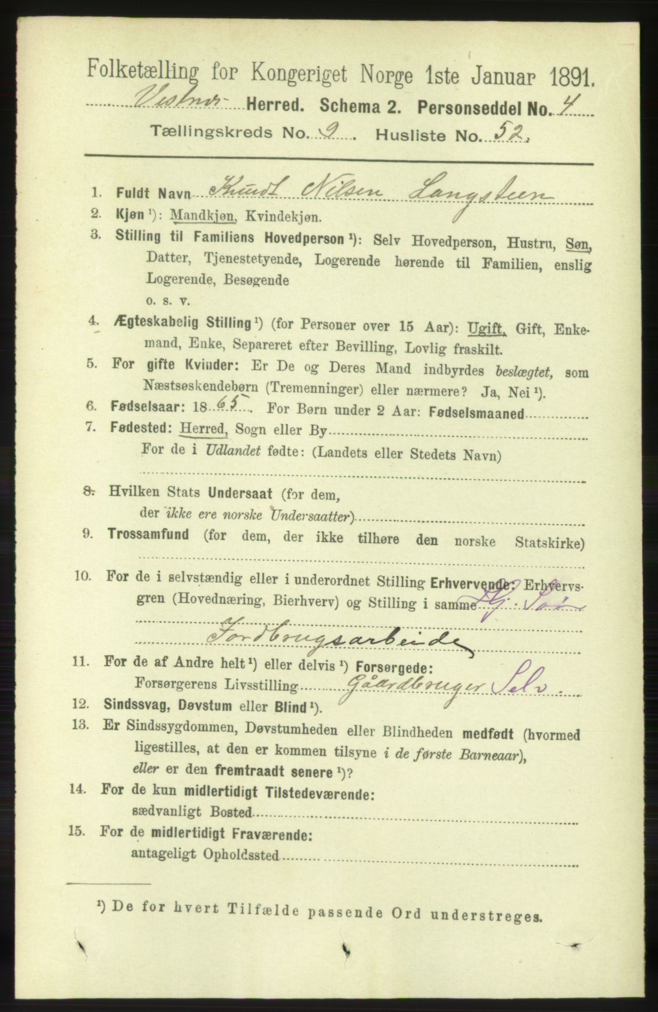 RA, 1891 census for 1535 Vestnes, 1891, p. 3640