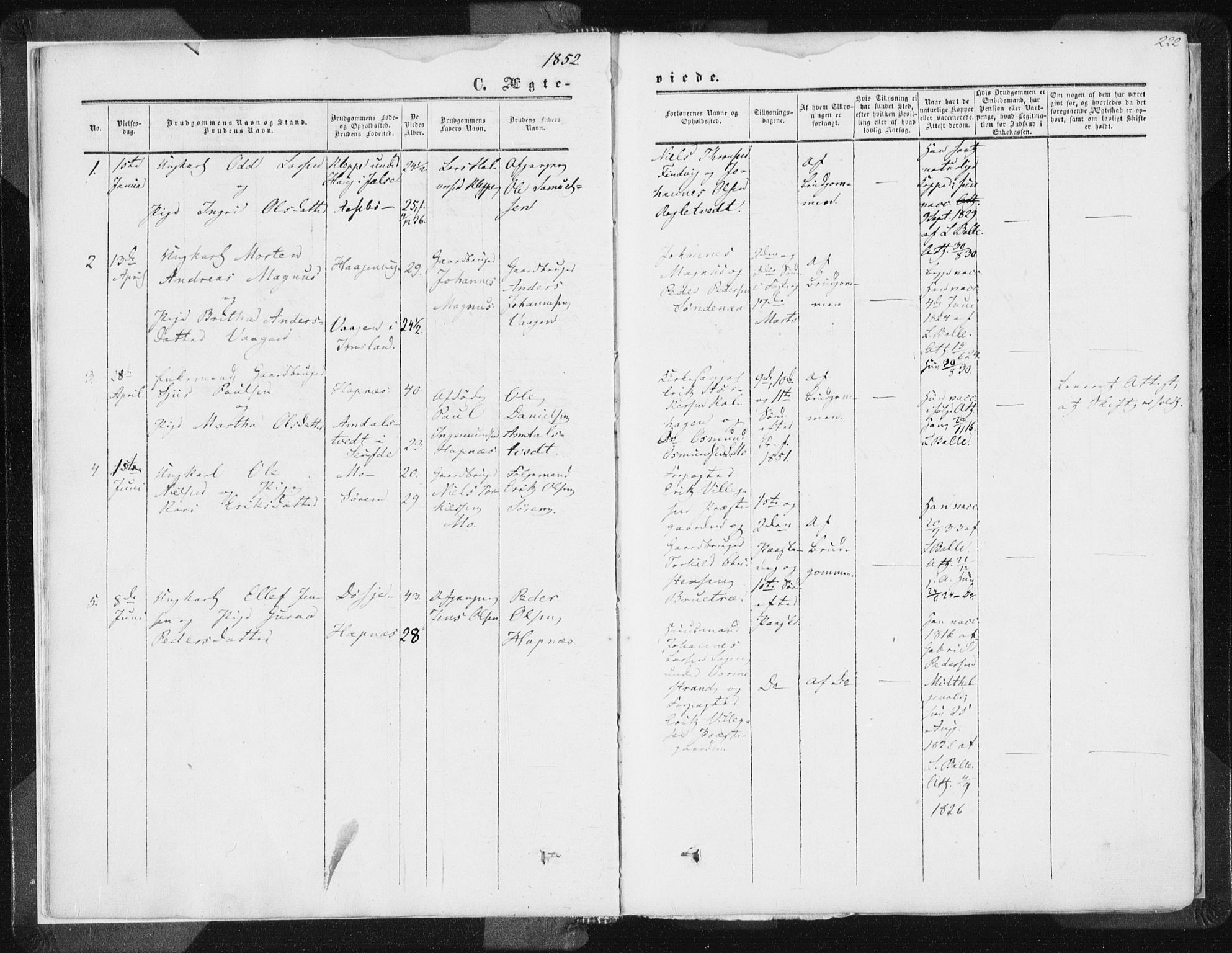 Vikedal sokneprestkontor, SAST/A-101840/01/IV: Parish register (official) no. A 6.2, 1851-1867, p. 222