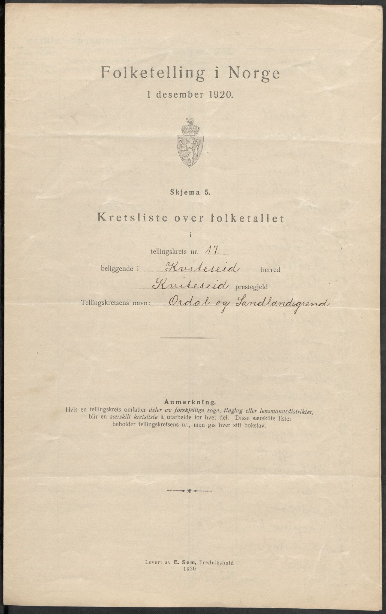 SAKO, 1920 census for Kviteseid, 1920, p. 51