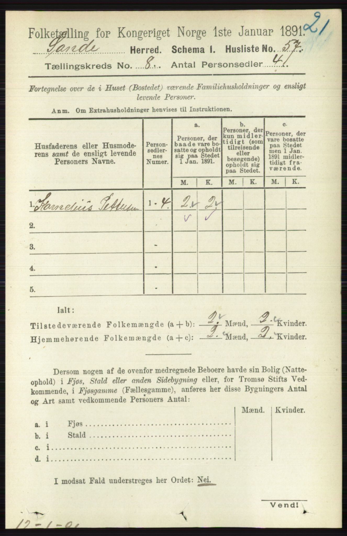 RA, 1891 census for 0713 Sande, 1891, p. 3522