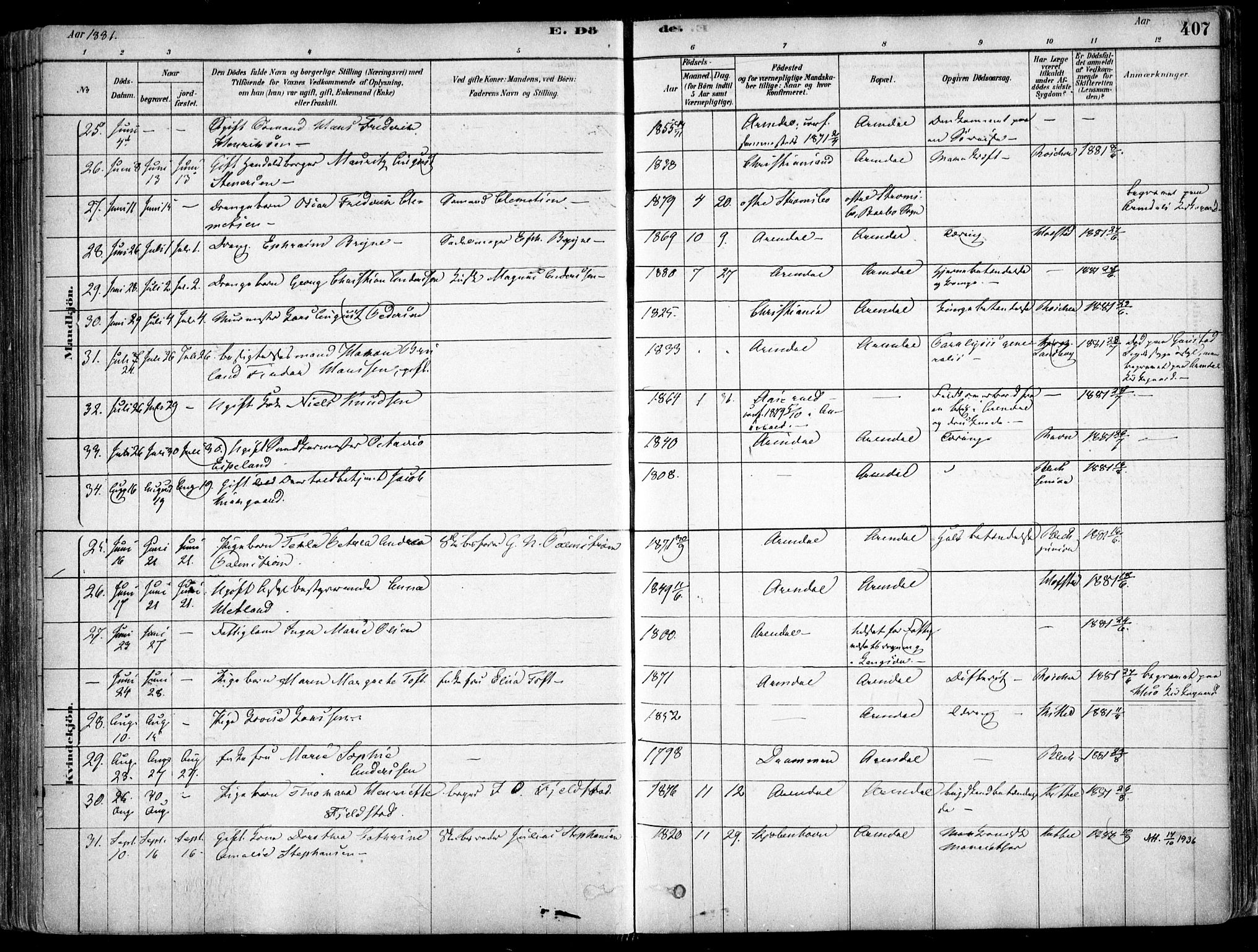 Arendal sokneprestkontor, Trefoldighet, AV/SAK-1111-0040/F/Fa/L0008: Parish register (official) no. A 8, 1878-1899, p. 407