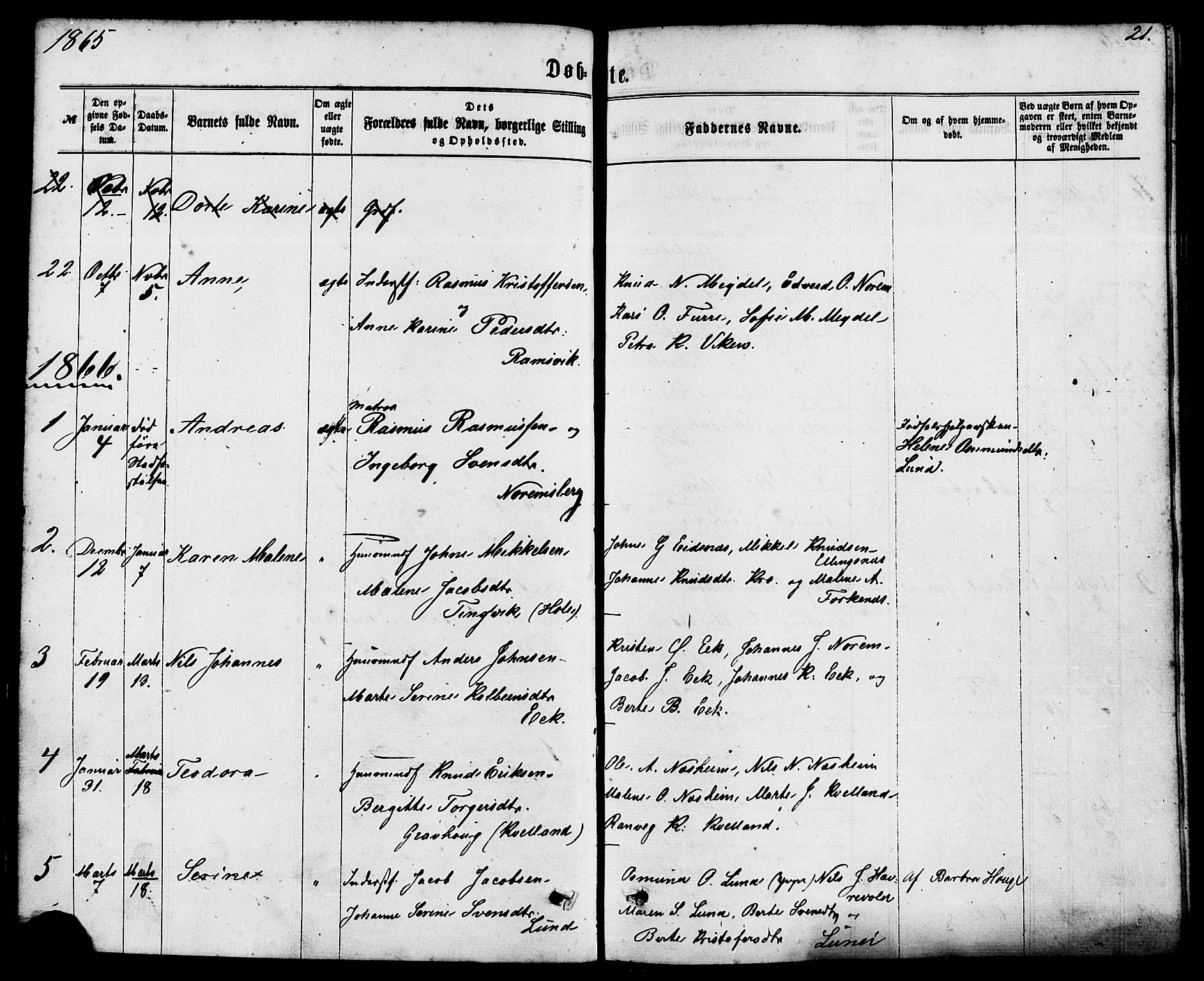 Nedstrand sokneprestkontor, AV/SAST-A-101841/01/IV: Parish register (official) no. A 10, 1861-1887, p. 21