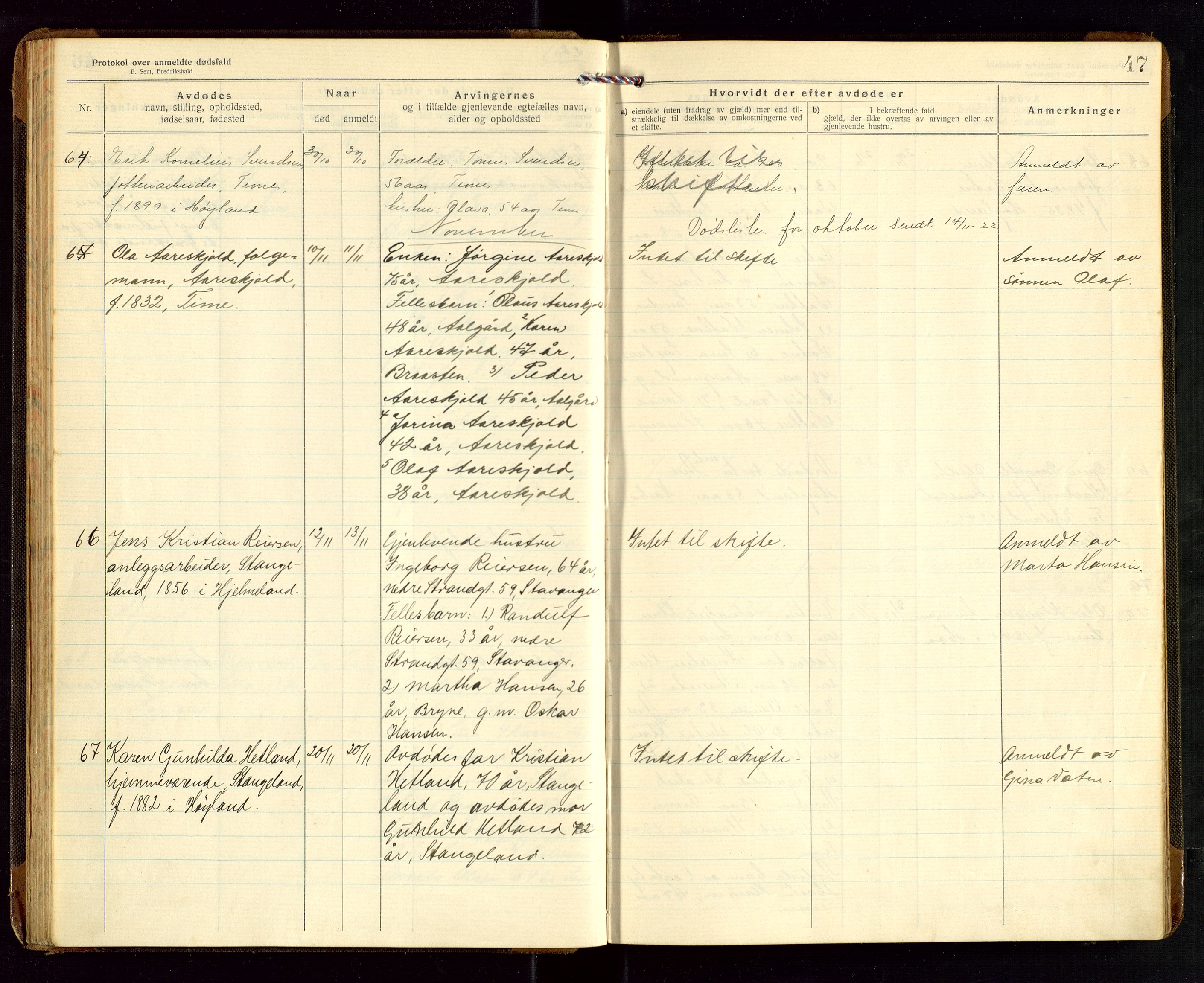 Høyland/Sandnes lensmannskontor, AV/SAST-A-100166/Gga/L0005: "Protkokol over anmeldte dødsfald i Høylands lensmandsdistrikt", 1920-1926, p. 47