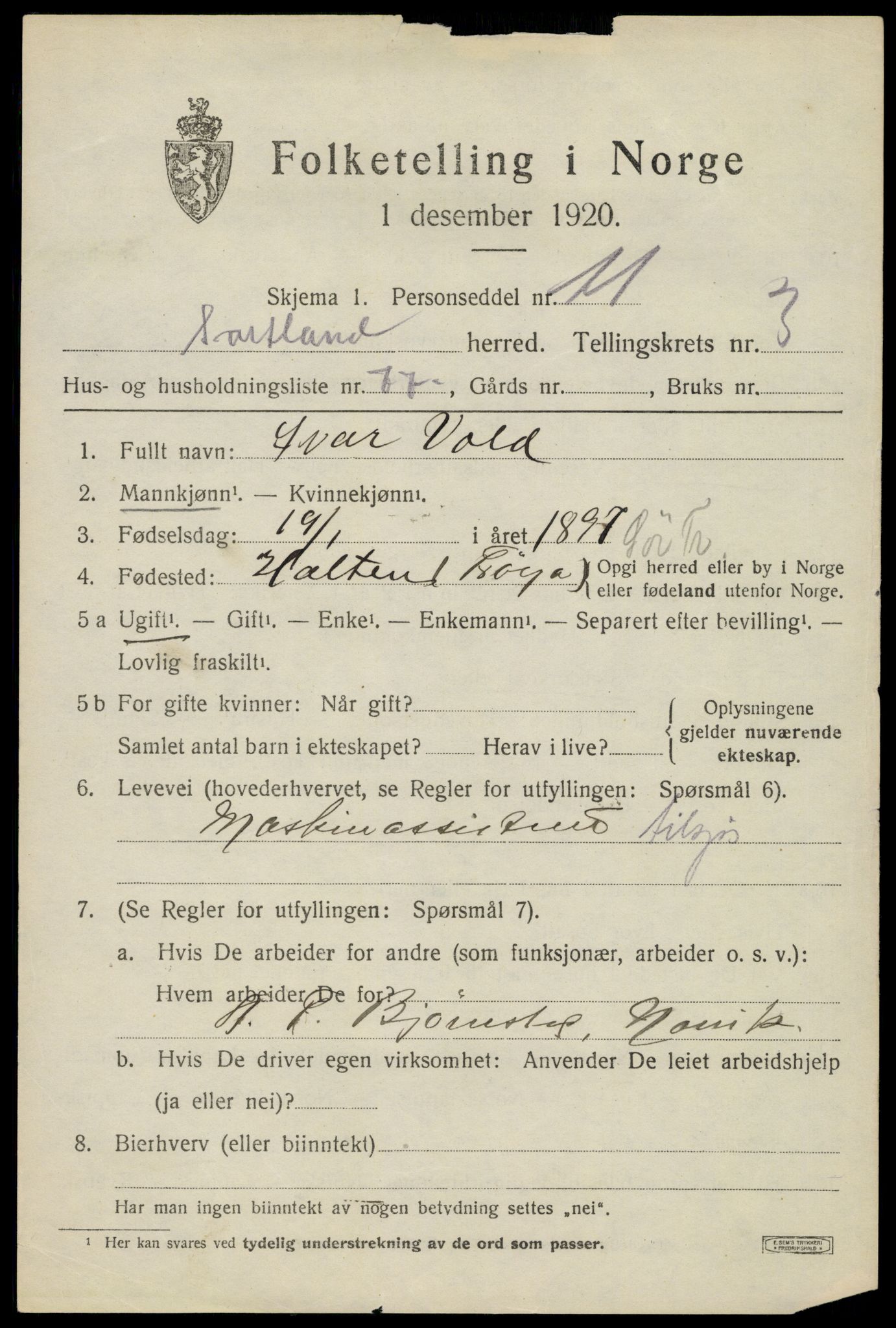 SAT, 1920 census for Sortland, 1920, p. 4824