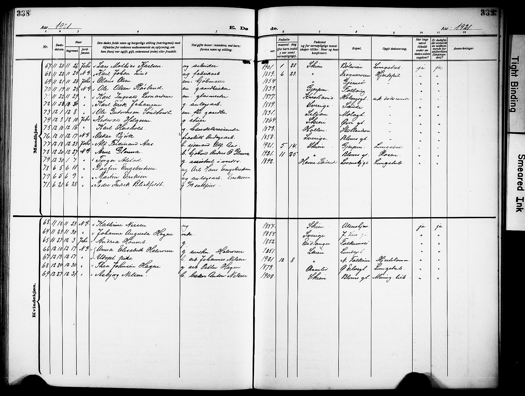 Skien kirkebøker, AV/SAKO-A-302/G/Ga/L0010: Parish register (copy) no. 10, 1920-1931, p. 338