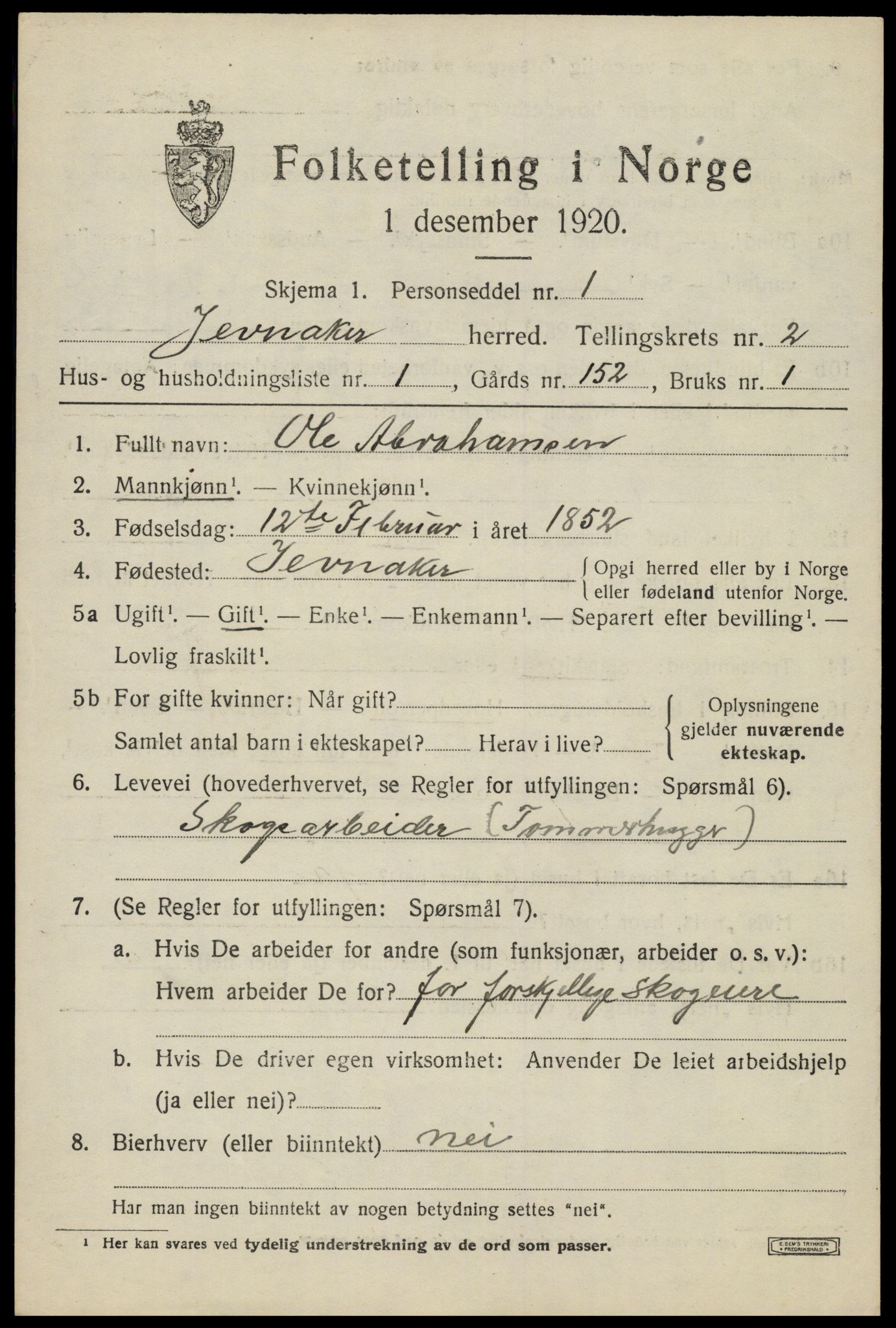 SAH, 1920 census for Jevnaker, 1920, p. 1407