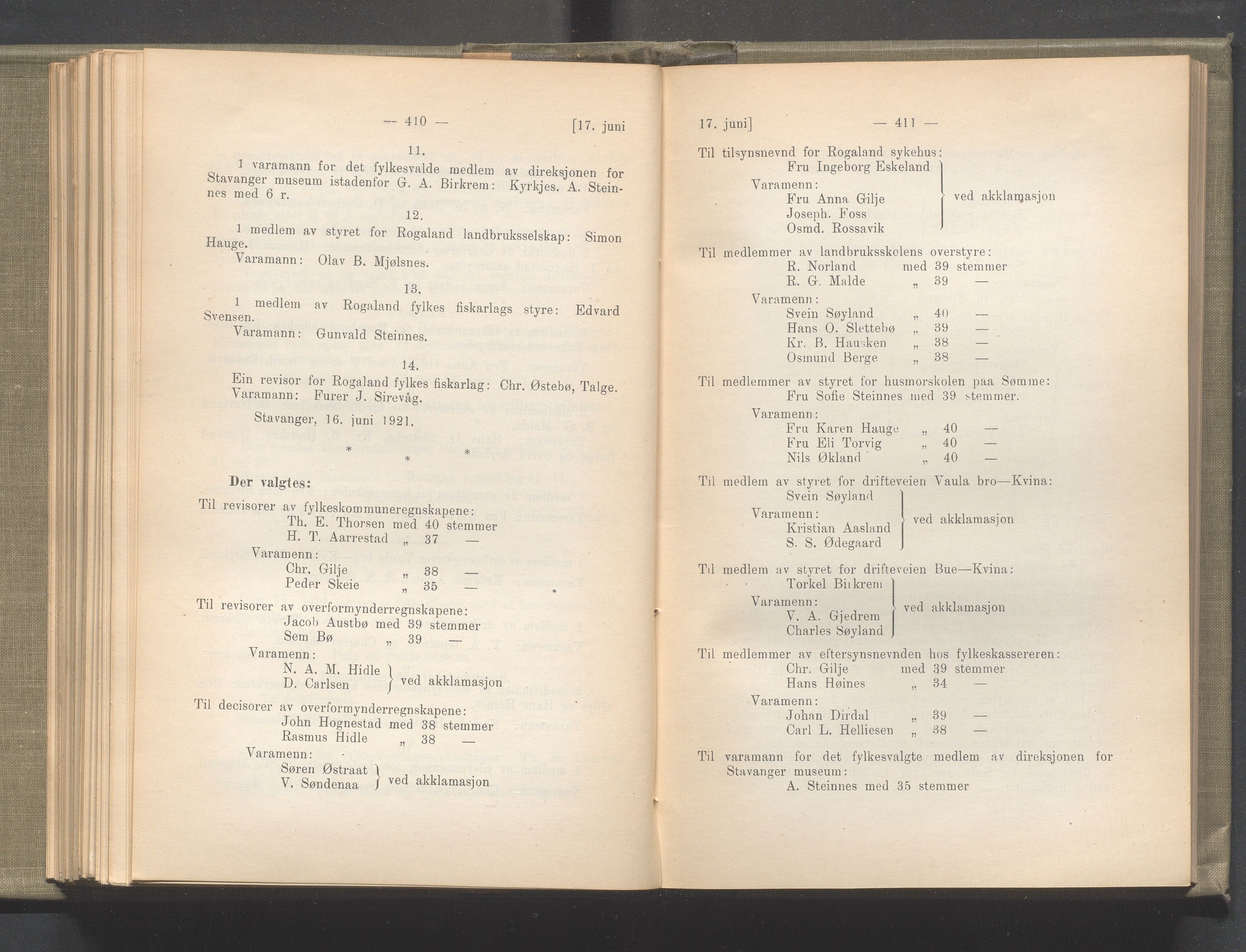 Rogaland fylkeskommune - Fylkesrådmannen , IKAR/A-900/A/Aa/Aaa/L0040: Møtebok , 1921, p. 410-411